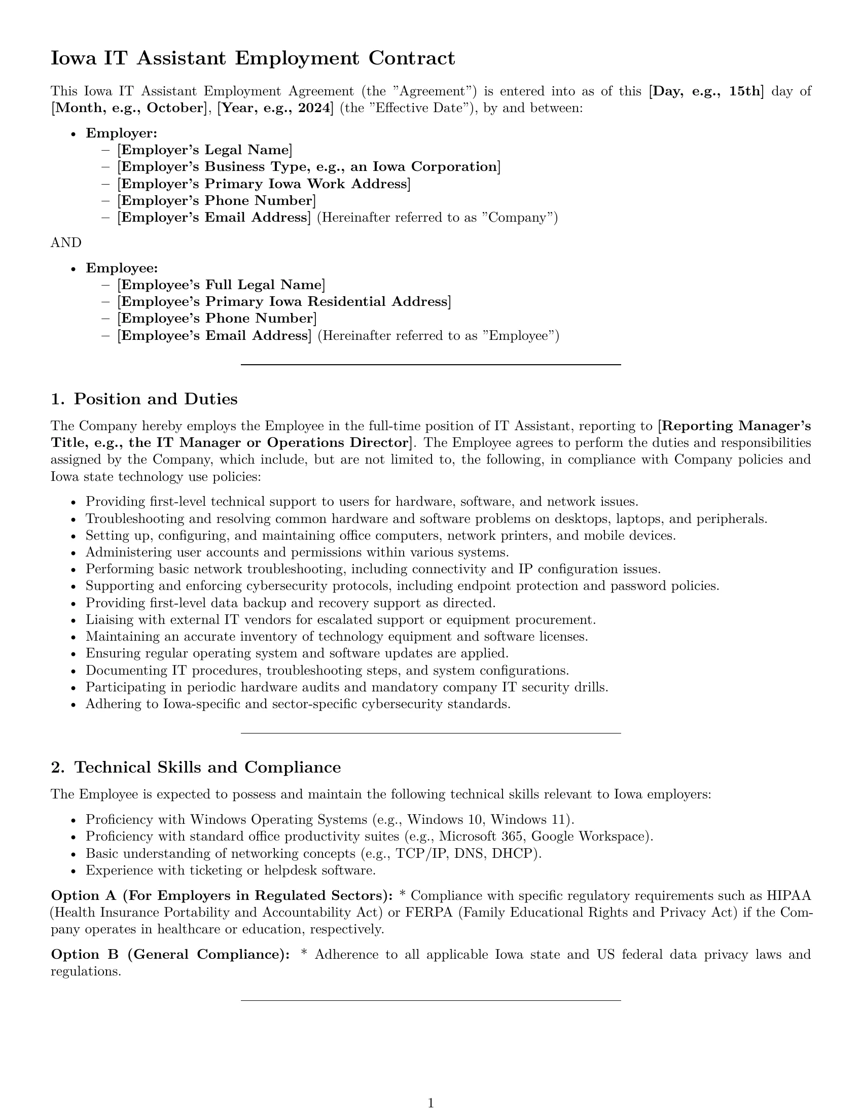 Preview page 1 of Pro Iowa IT assistant employment contract template