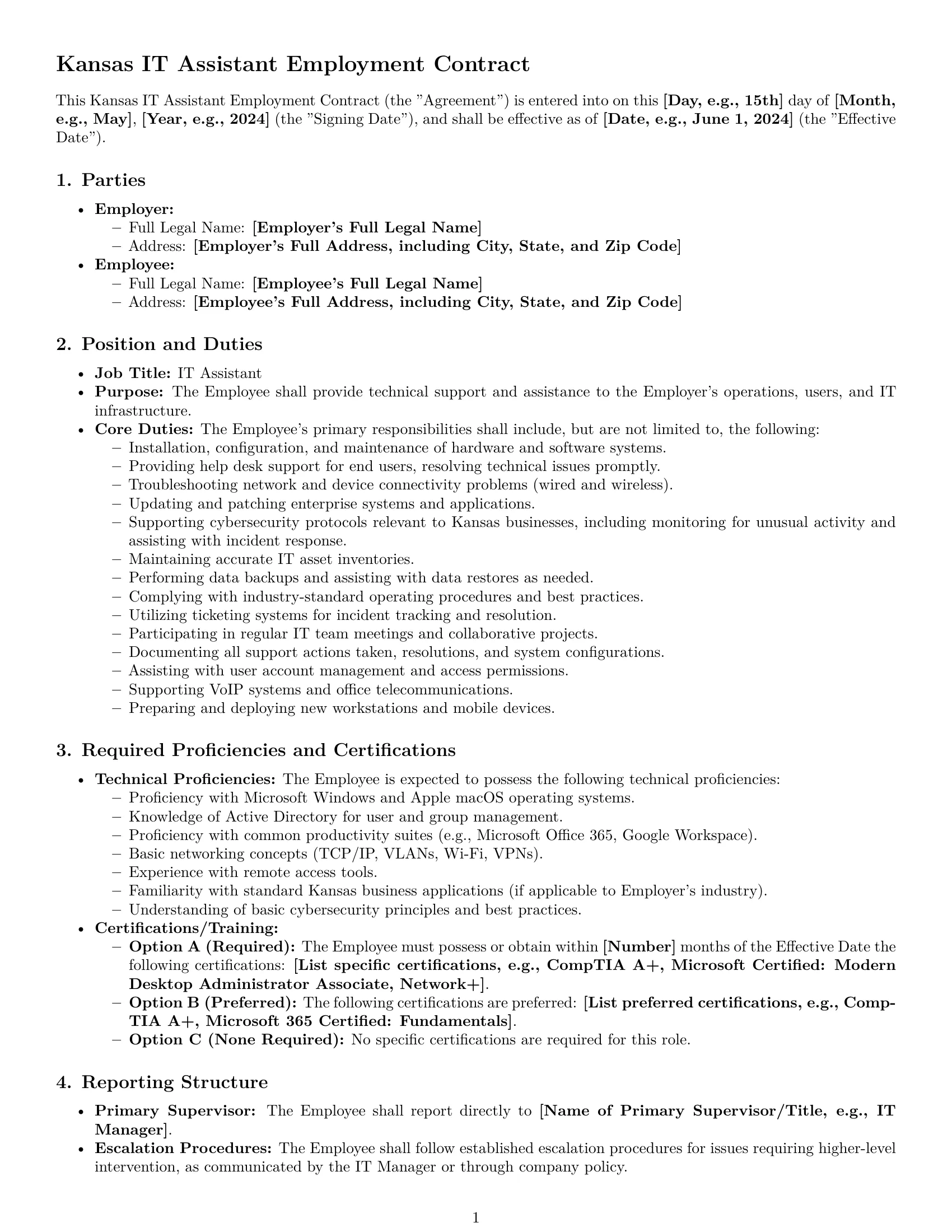 Preview page 1 of Pro Kansas IT assistant employment contract template