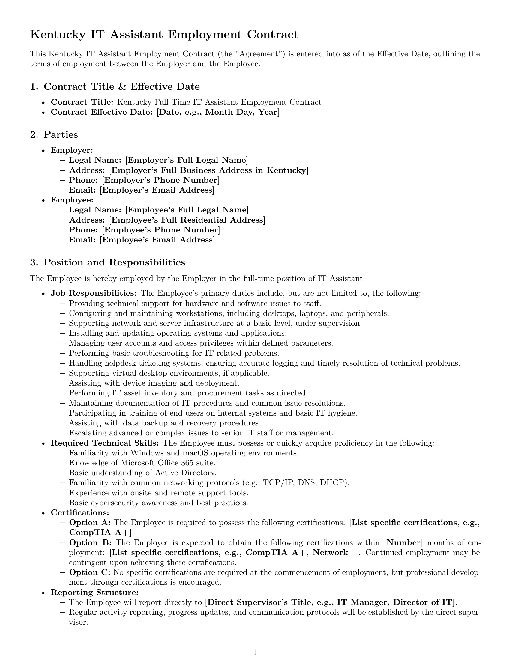 Preview page 1 of Pro Kentucky IT assistant employment contract template