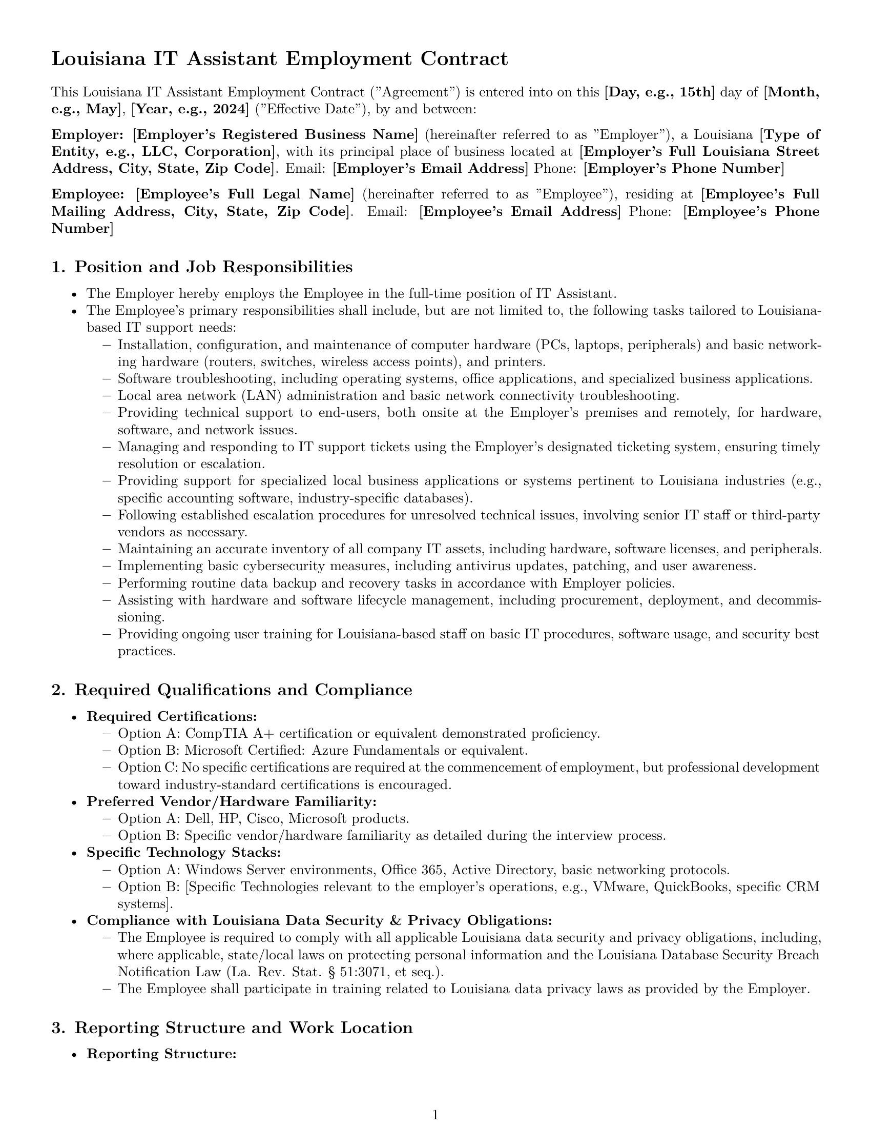 Preview page 1 of Pro Louisiana IT assistant employment contract template