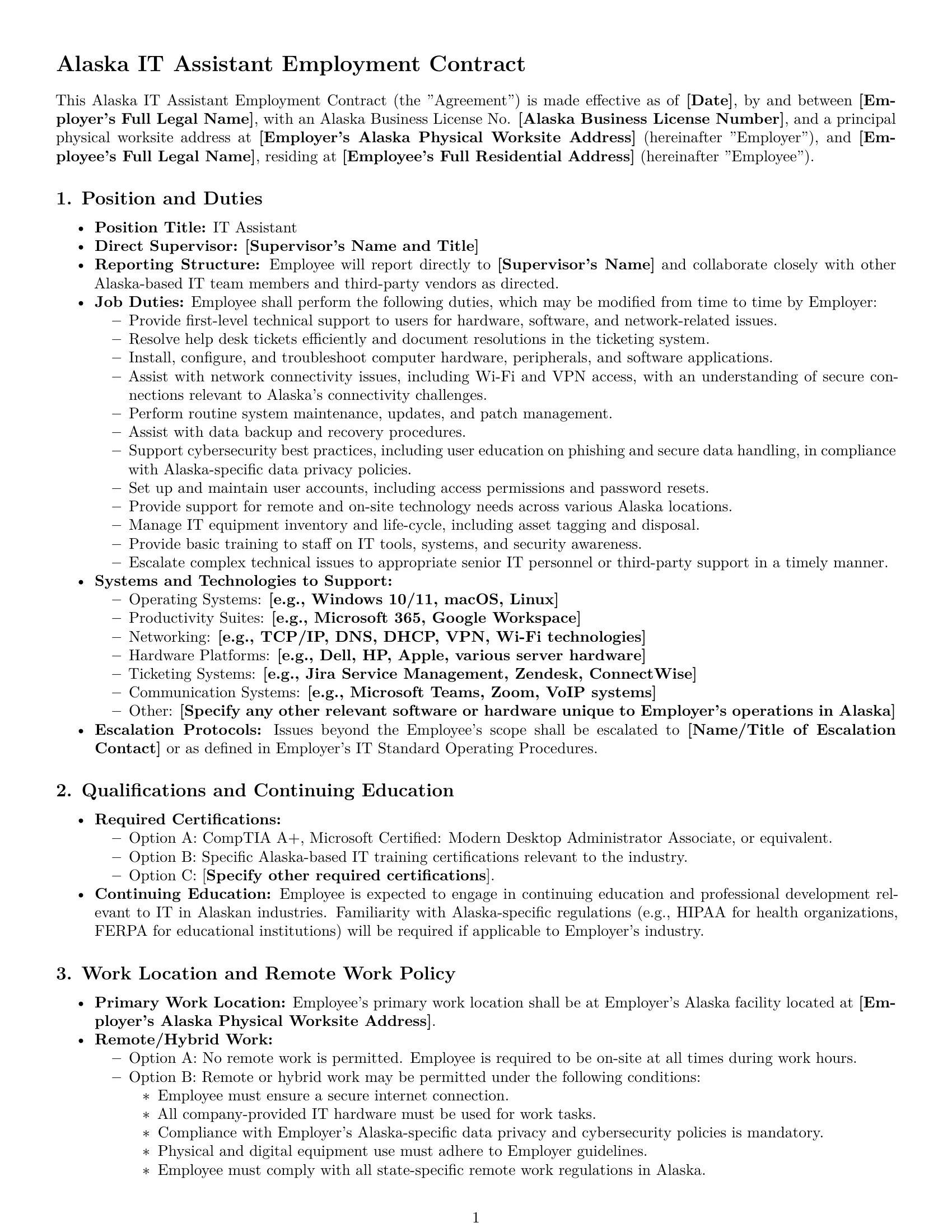 Preview page 1 of Pro Alaska IT assistant employment contract template