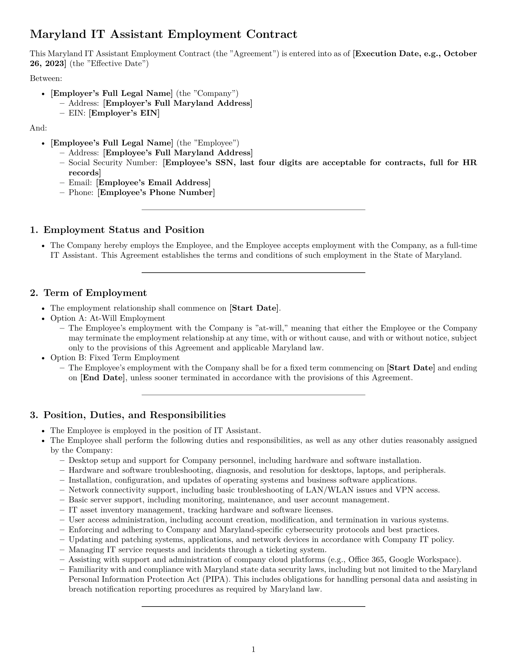 Preview page 1 of Pro Maryland IT assistant employment contract template