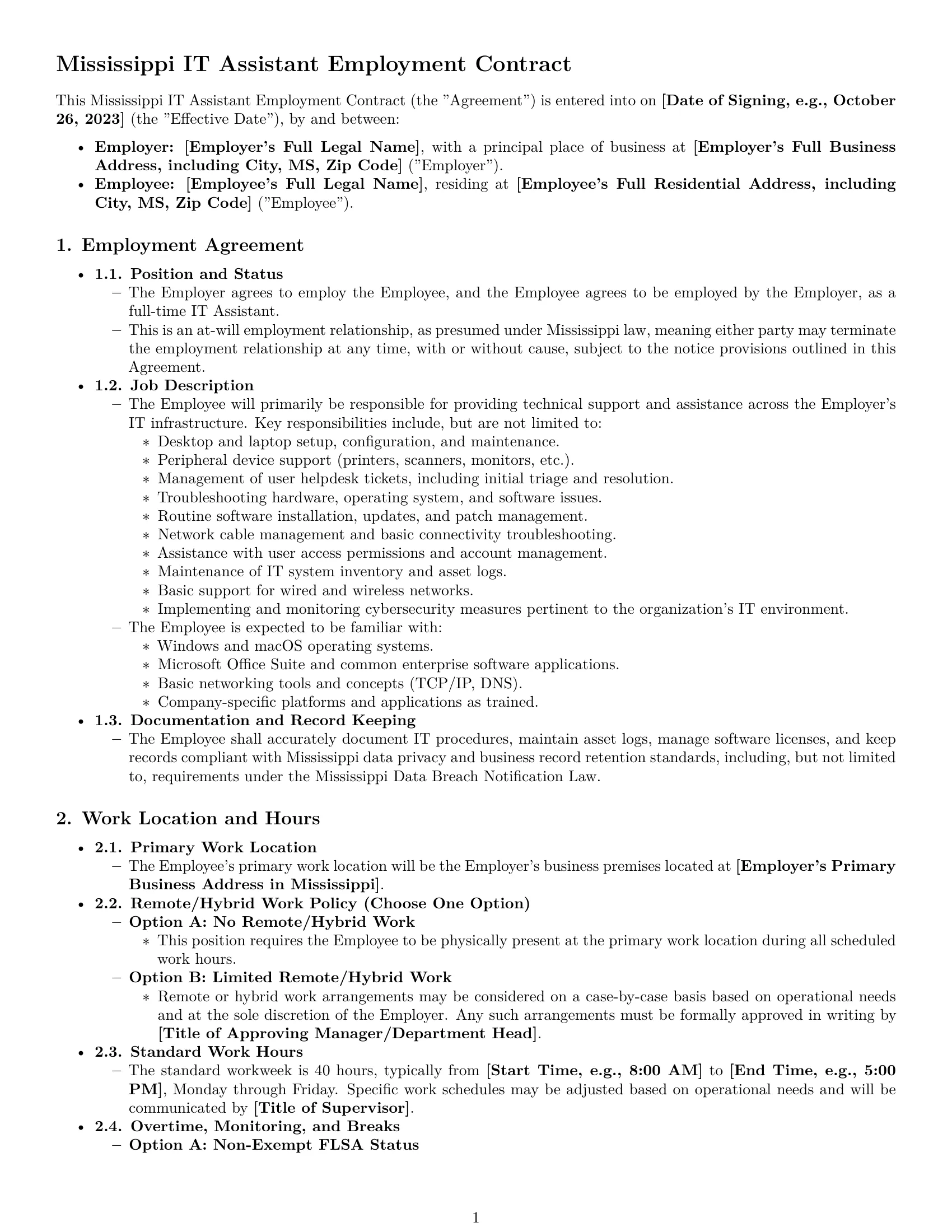 Preview page 1 of Pro Mississippi IT assistant employment contract template