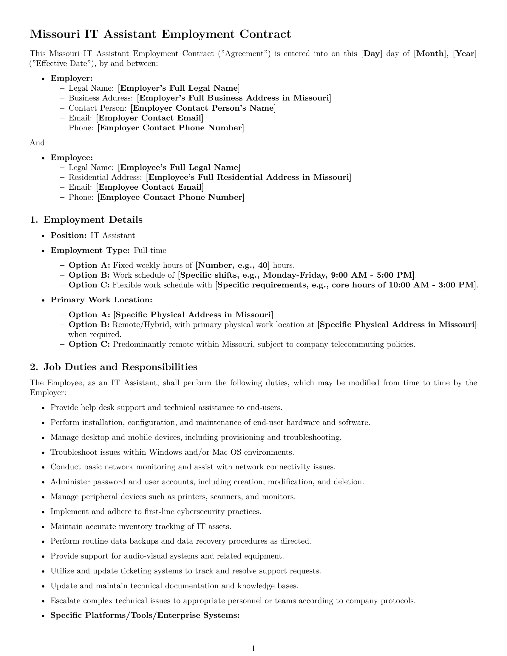 Preview page 1 of Pro Missouri IT assistant employment contract template