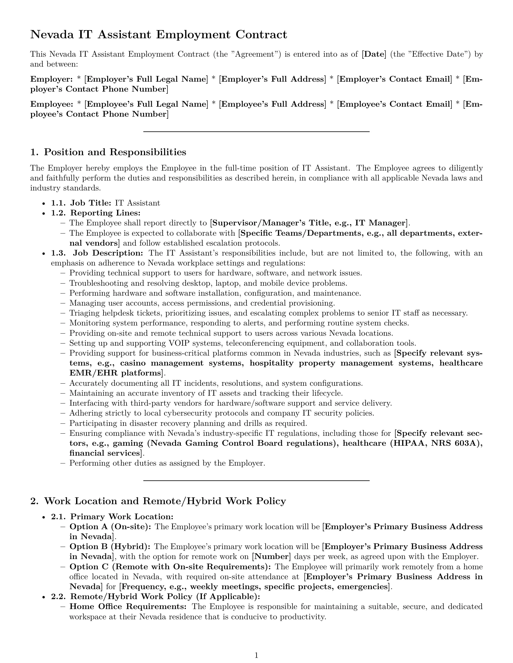 Preview page 1 of Pro Nevada IT assistant employment contract template