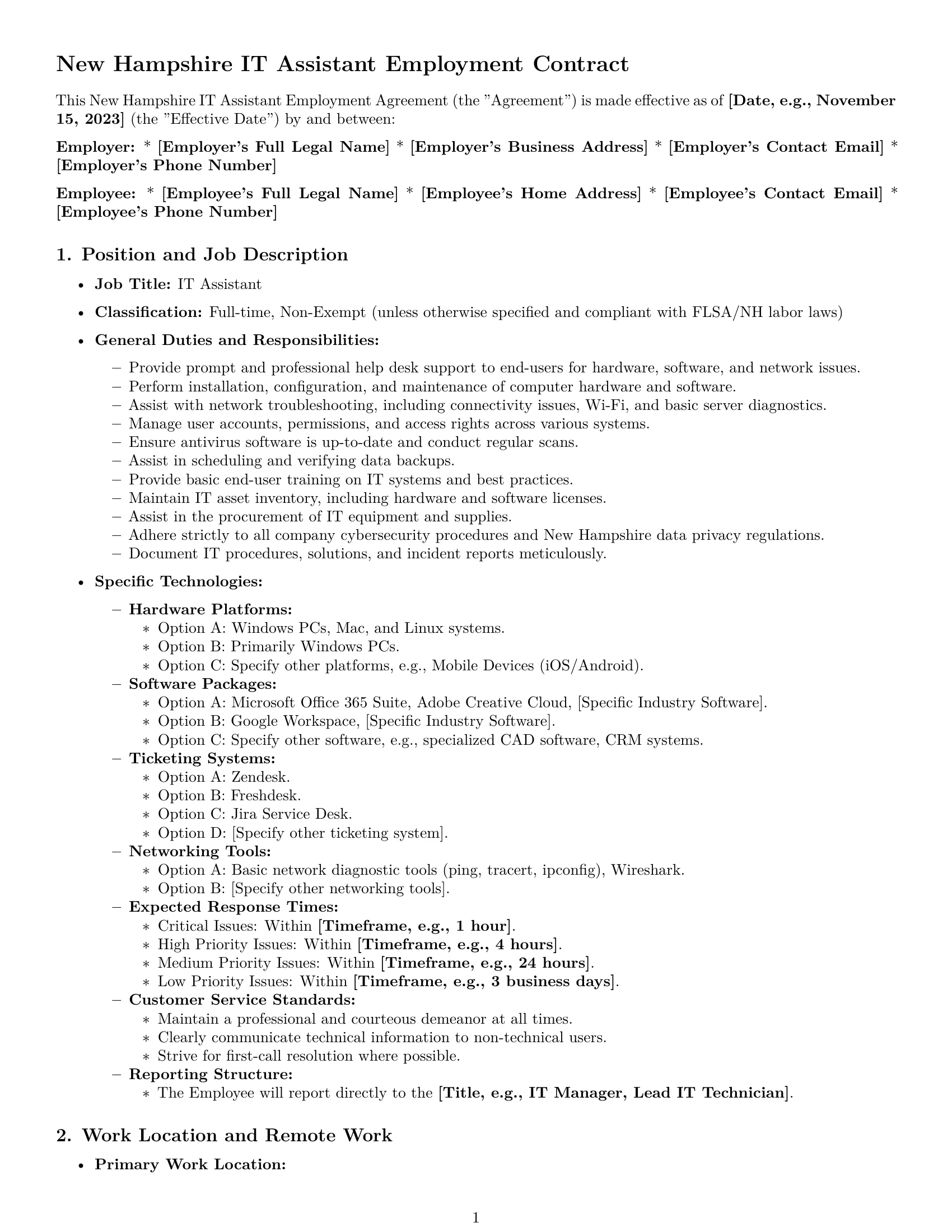 Preview page 1 of Pro New Hampshire IT assistant employment contract template