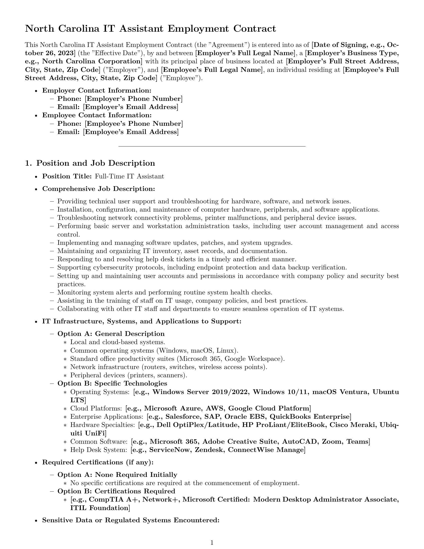 Preview page 1 of Pro North Carolina IT assistant employment contract template