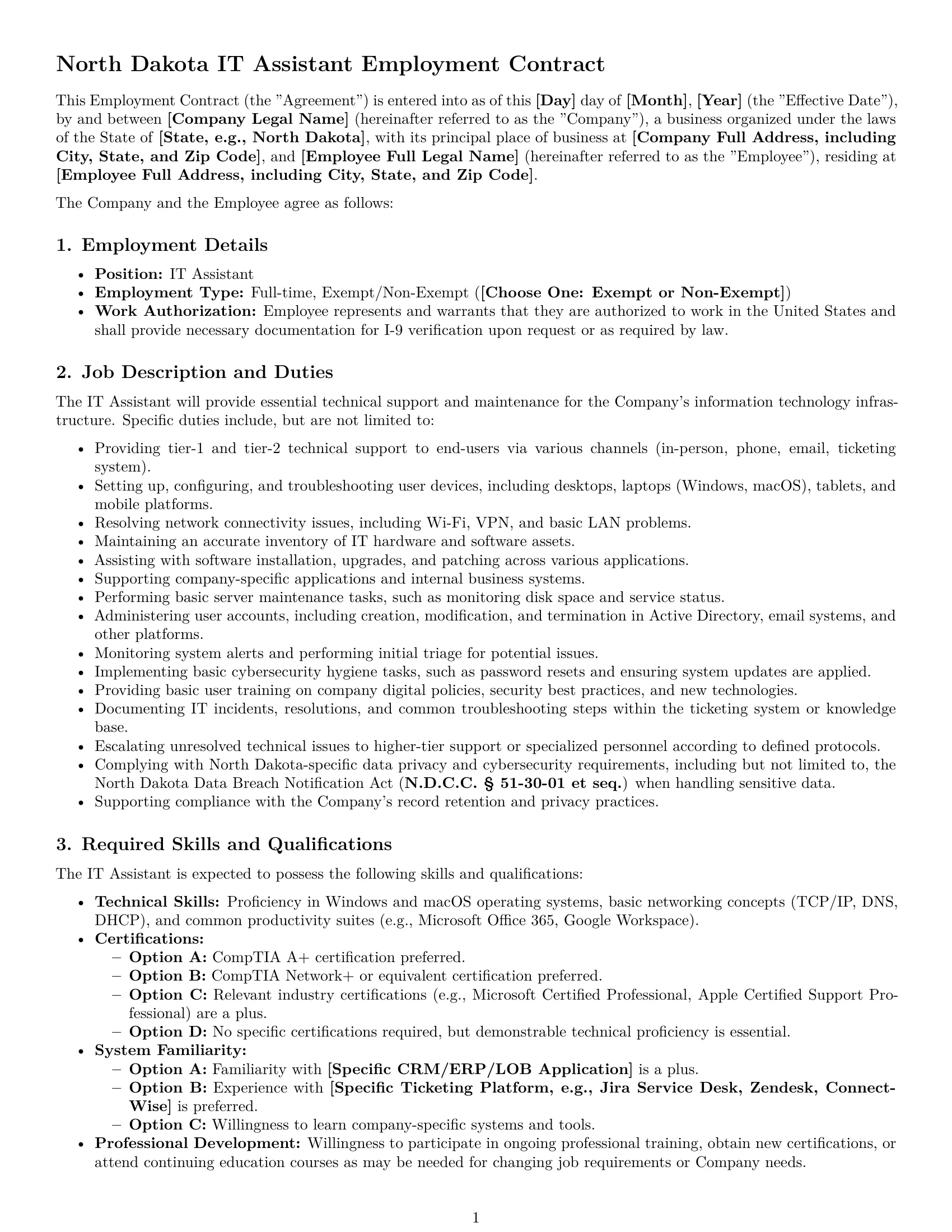 Preview page 1 of Pro North Dakota IT assistant employment contract template