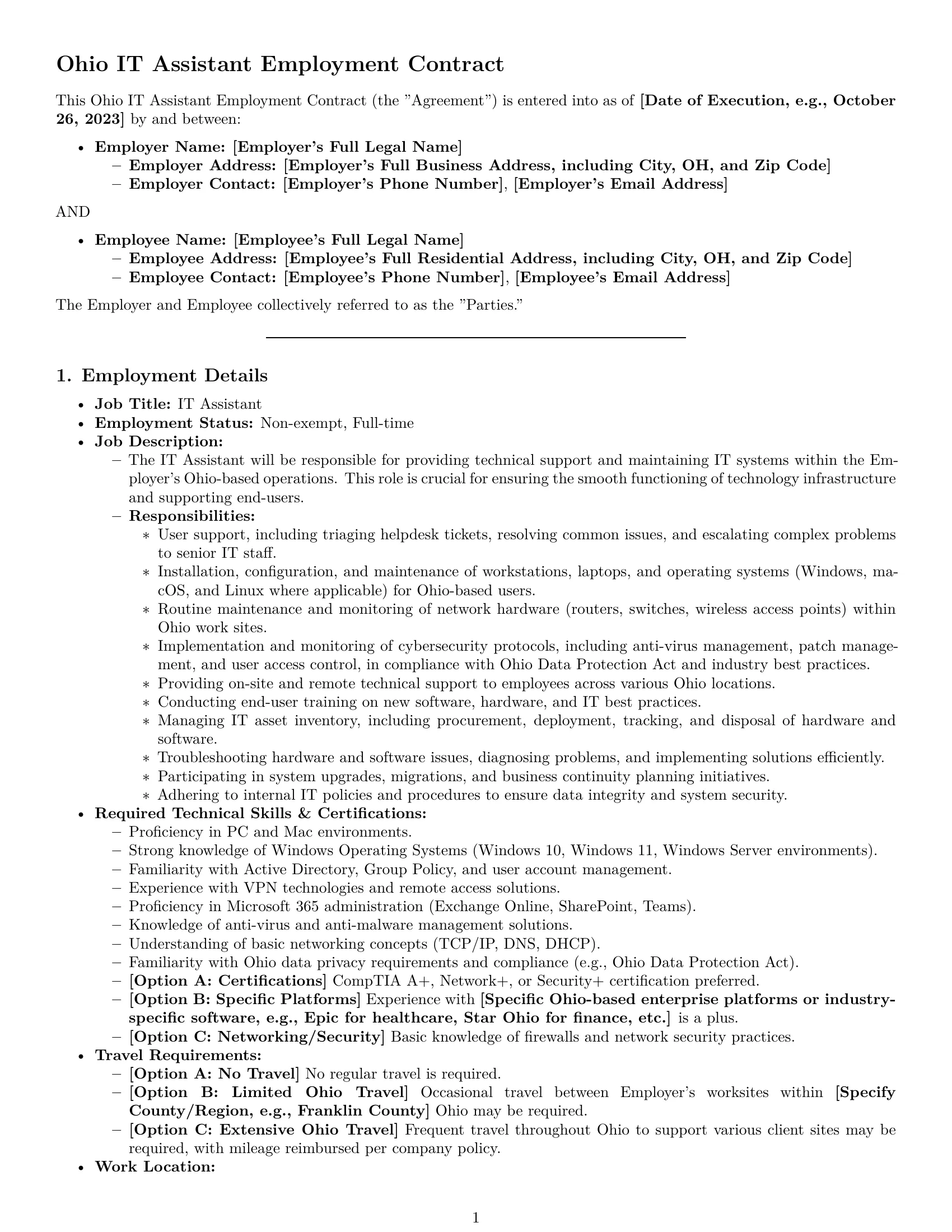Preview page 1 of Pro Ohio IT assistant employment contract template