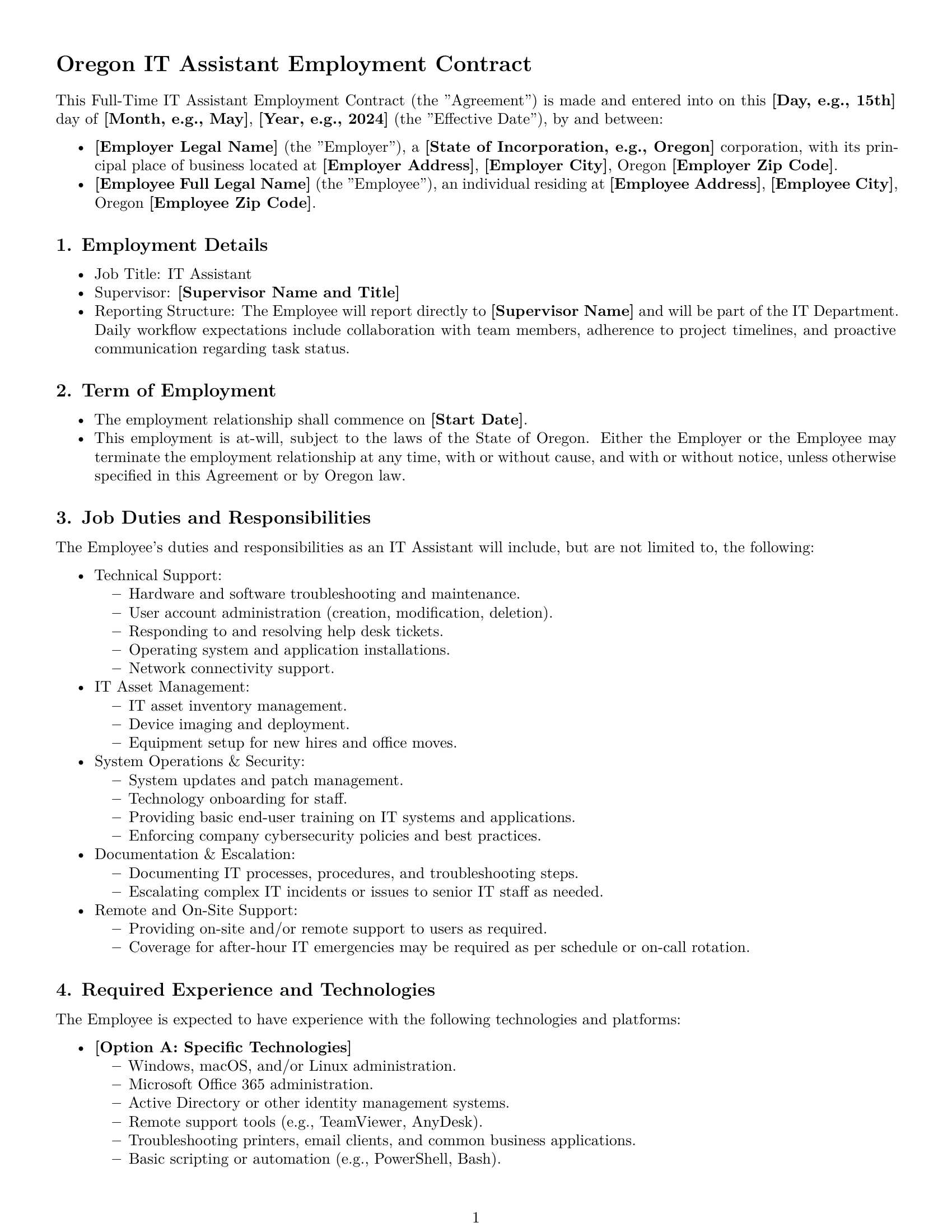 Preview page 1 of Pro Oregon IT assistant employment contract template