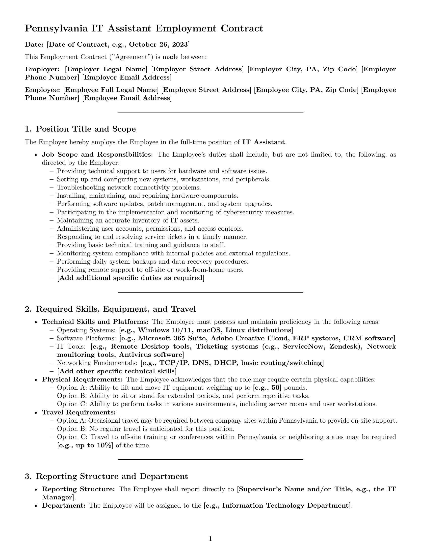 Preview page 1 of Pro Pennsylvania IT assistant employment contract template