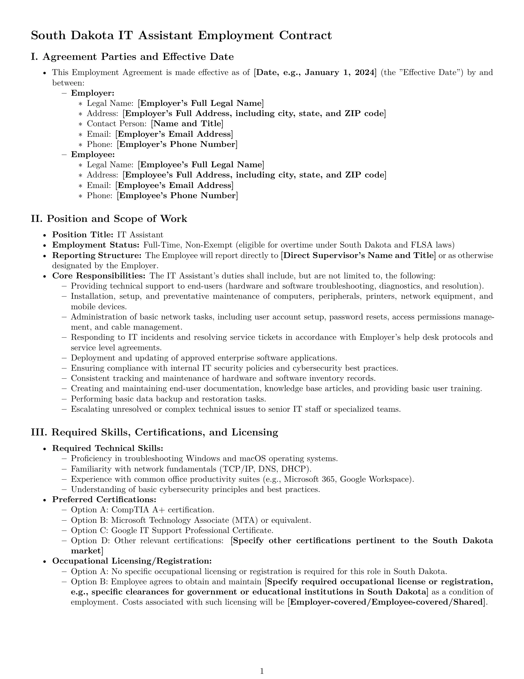 Preview page 1 of Pro South Dakota IT assistant employment contract template