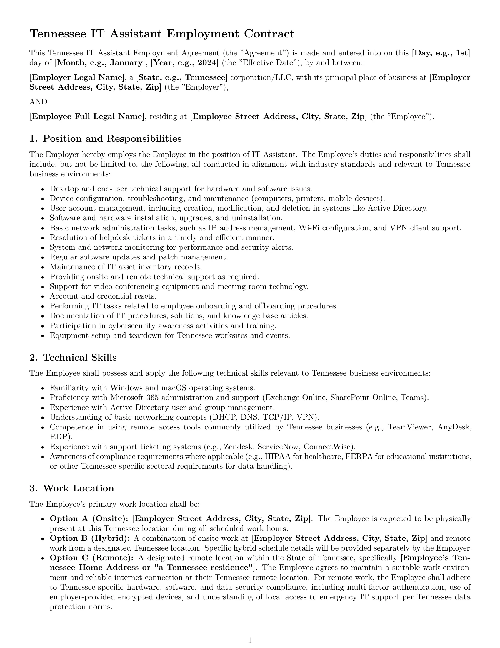Preview page 1 of Pro Tennessee IT assistant employment contract template