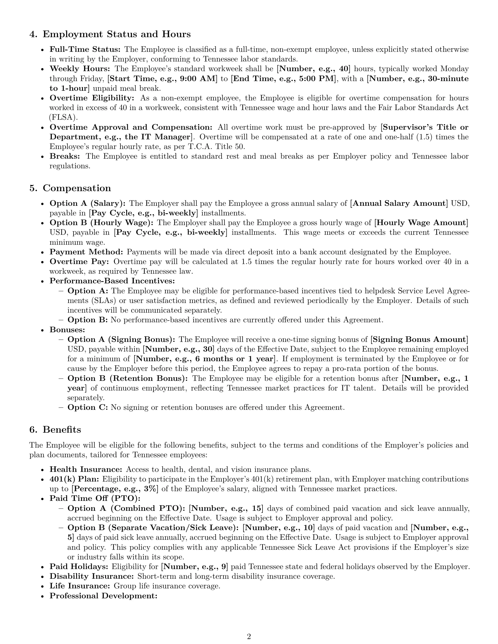 Preview page 2 of Pro Tennessee IT assistant employment contract template
