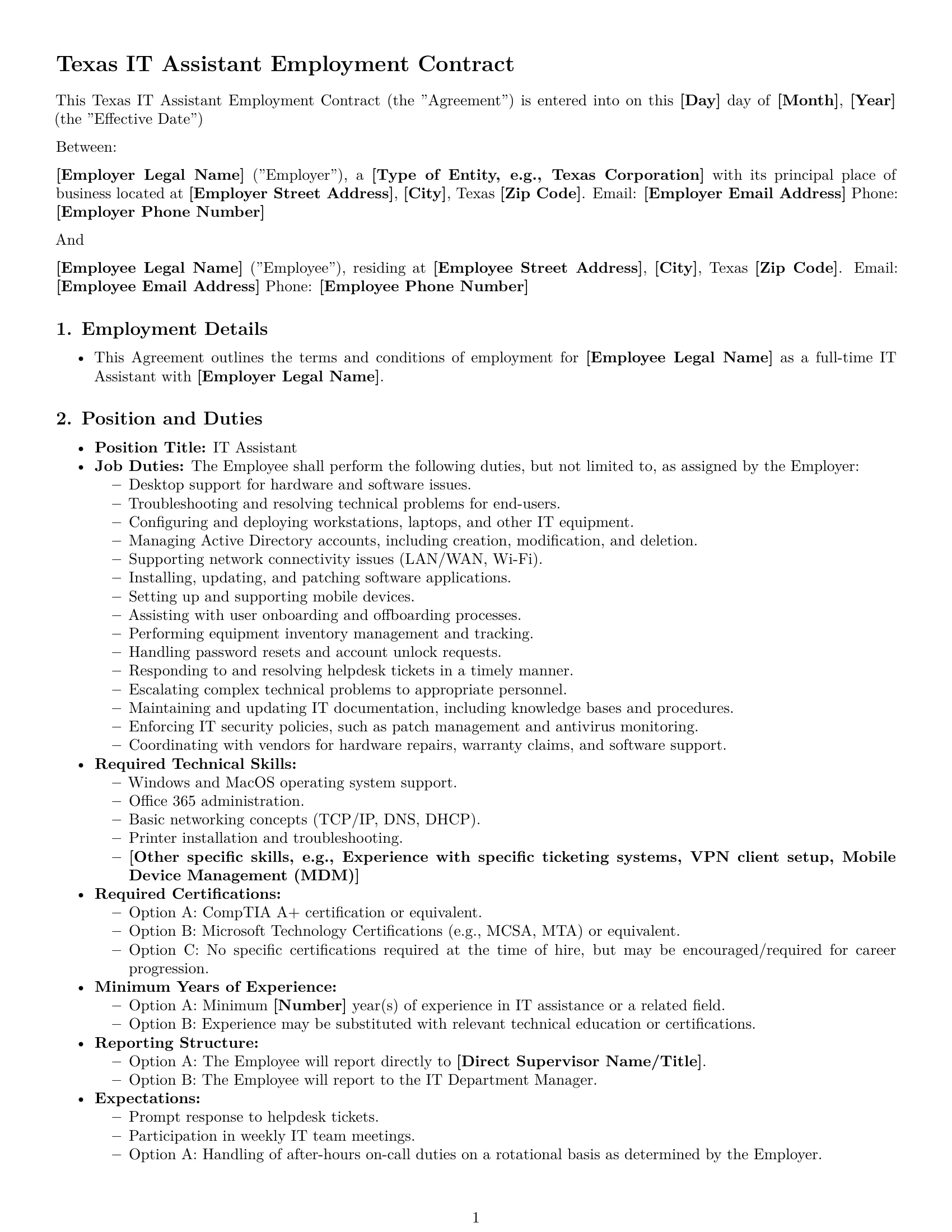 Preview page 1 of Pro Texas IT assistant employment contract template
