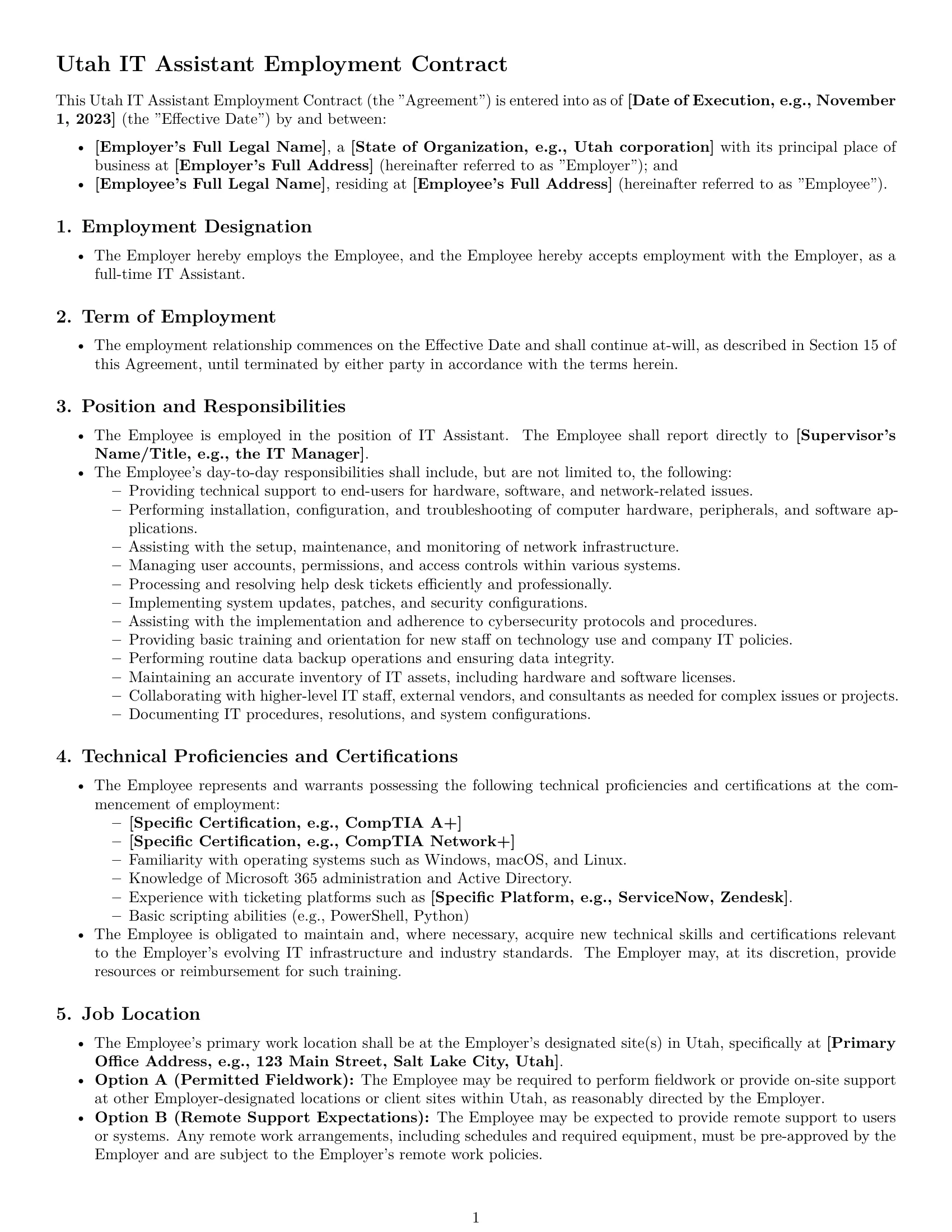 Preview page 1 of Pro Utah IT assistant employment contract template