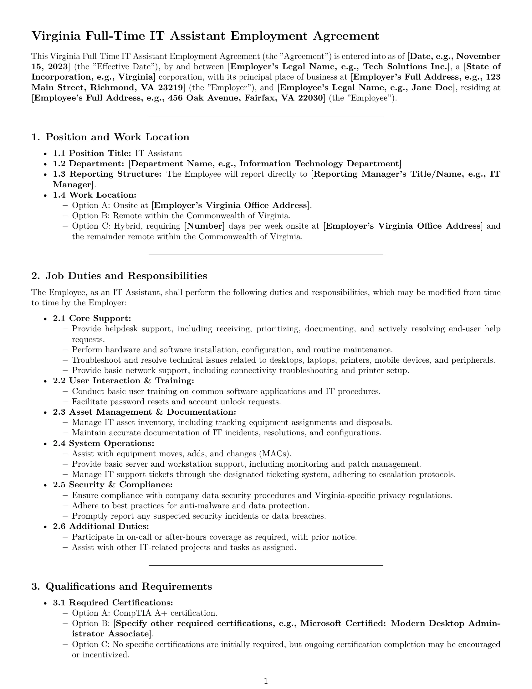 Preview page 1 of Pro Virginia IT assistant employment contract template