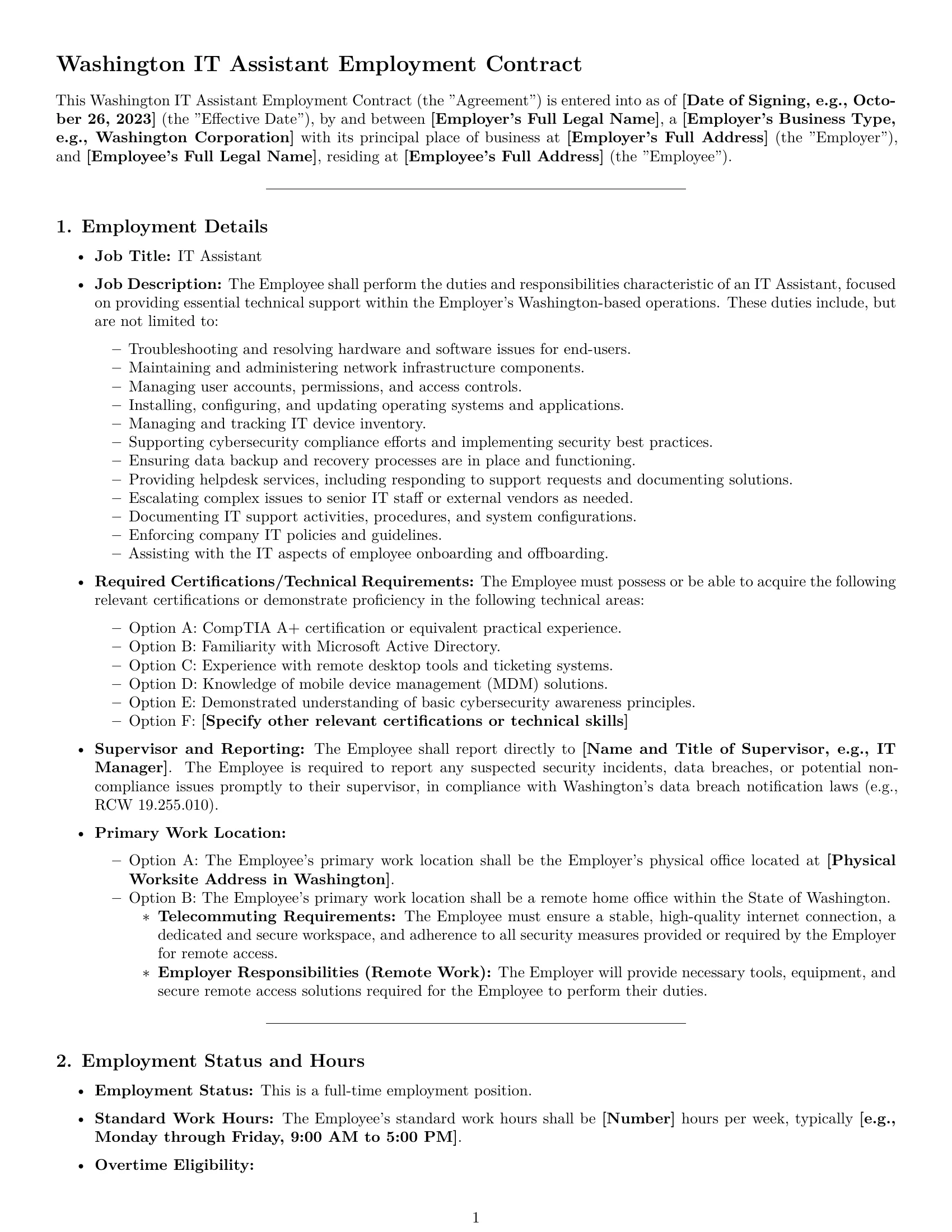 Preview page 1 of Pro Washington IT assistant employment contract template