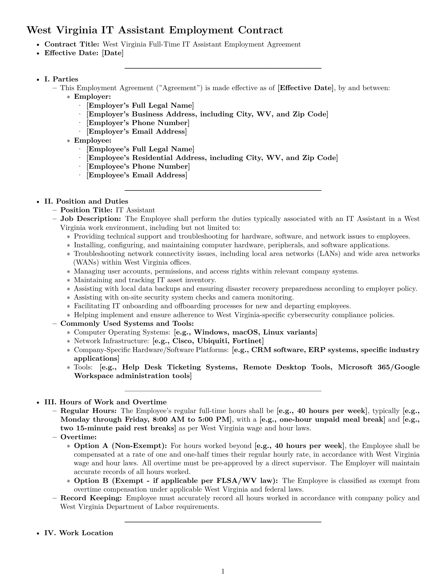 Preview page 1 of Pro West Virginia IT assistant employment contract template