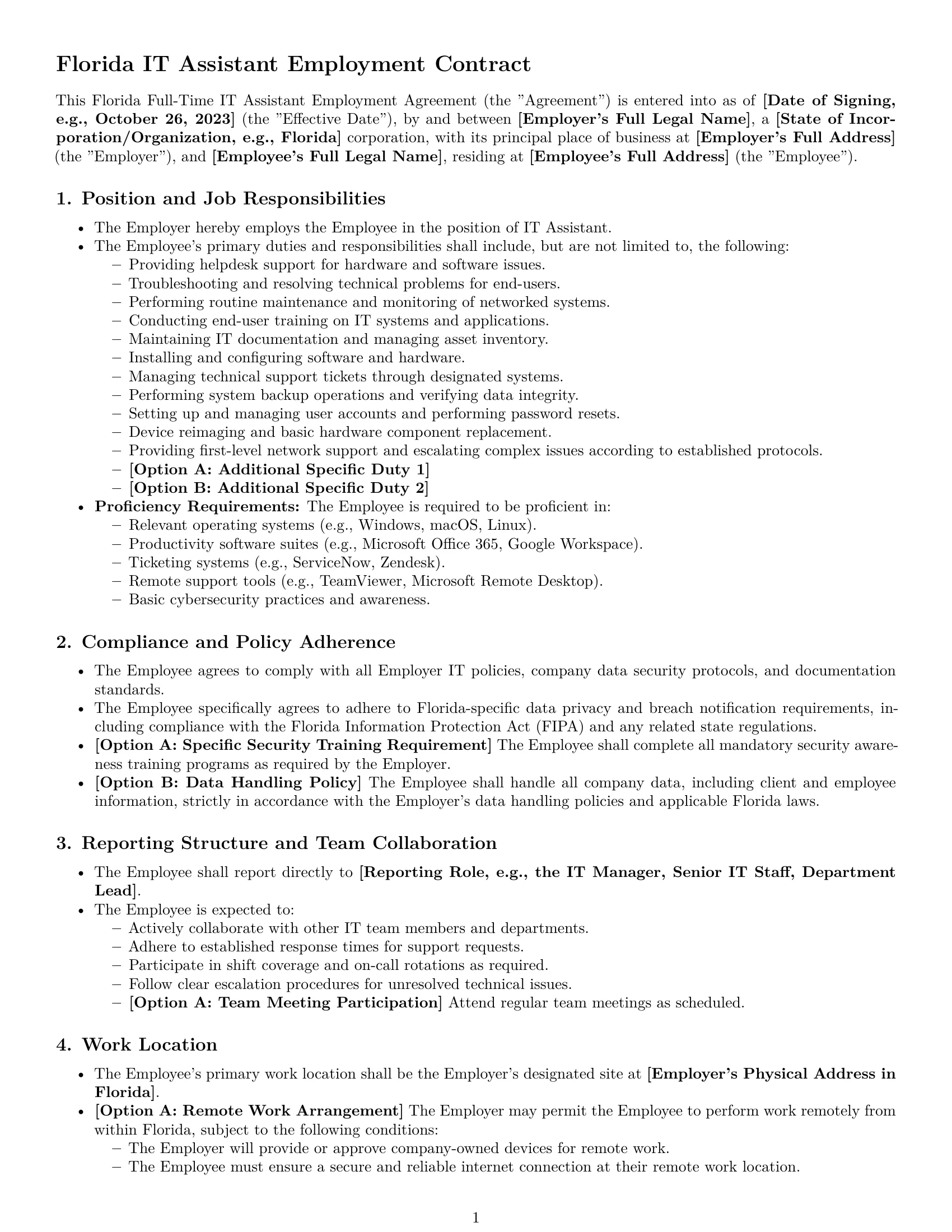 Preview page 1 of Pro Florida IT assistant employment contract template