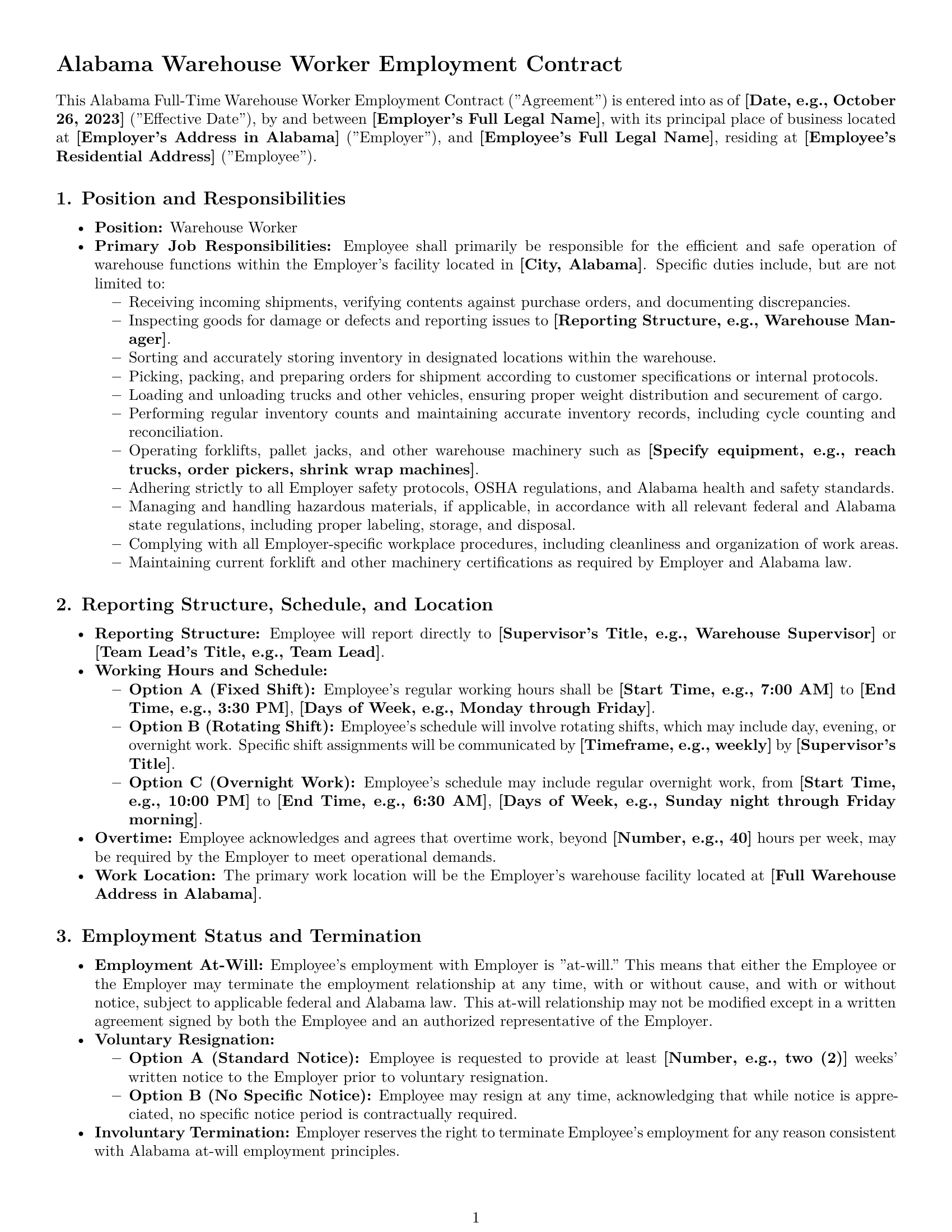 Preview page 1 of Pro Alabama warehouse worker employment contract template