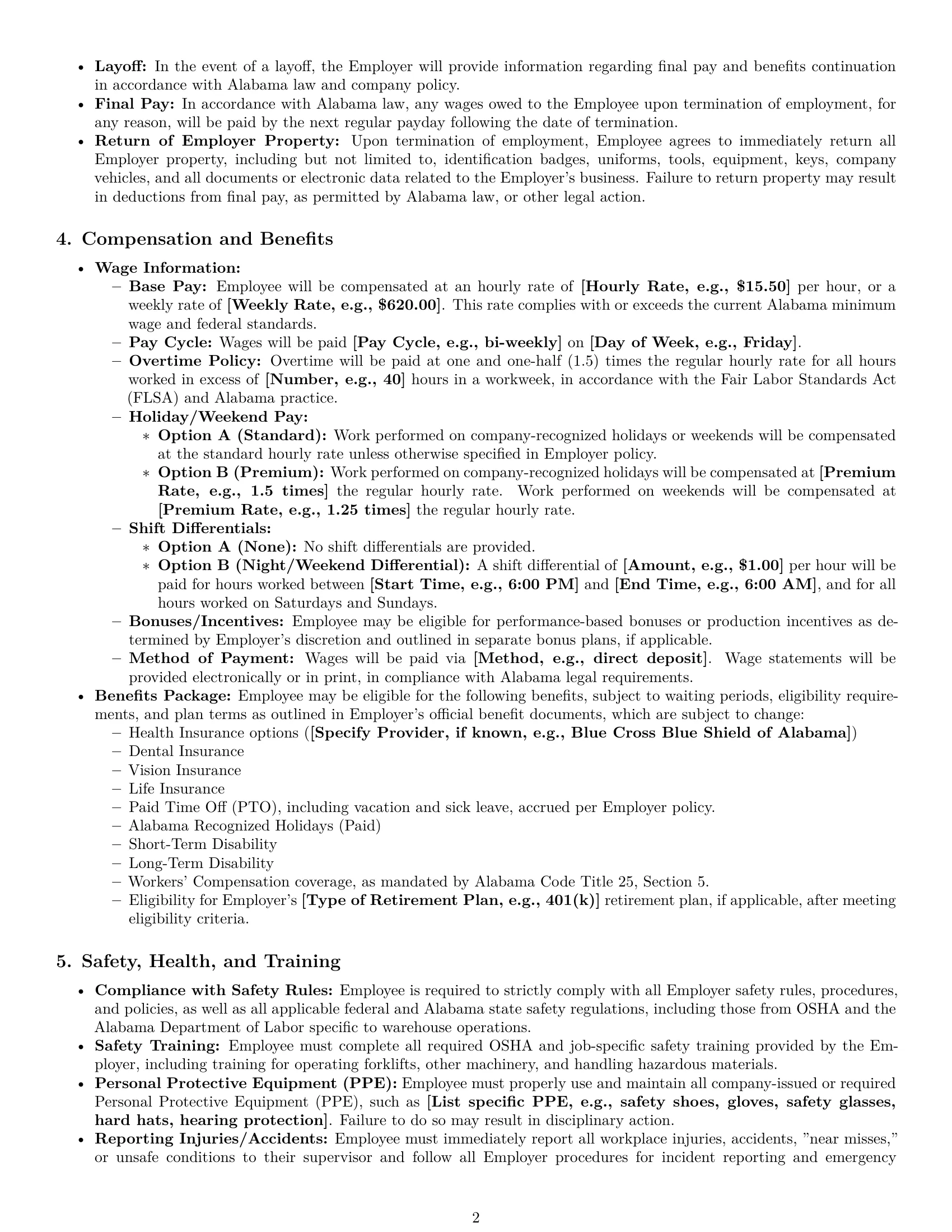 Preview page 2 of Pro Alabama warehouse worker employment contract template