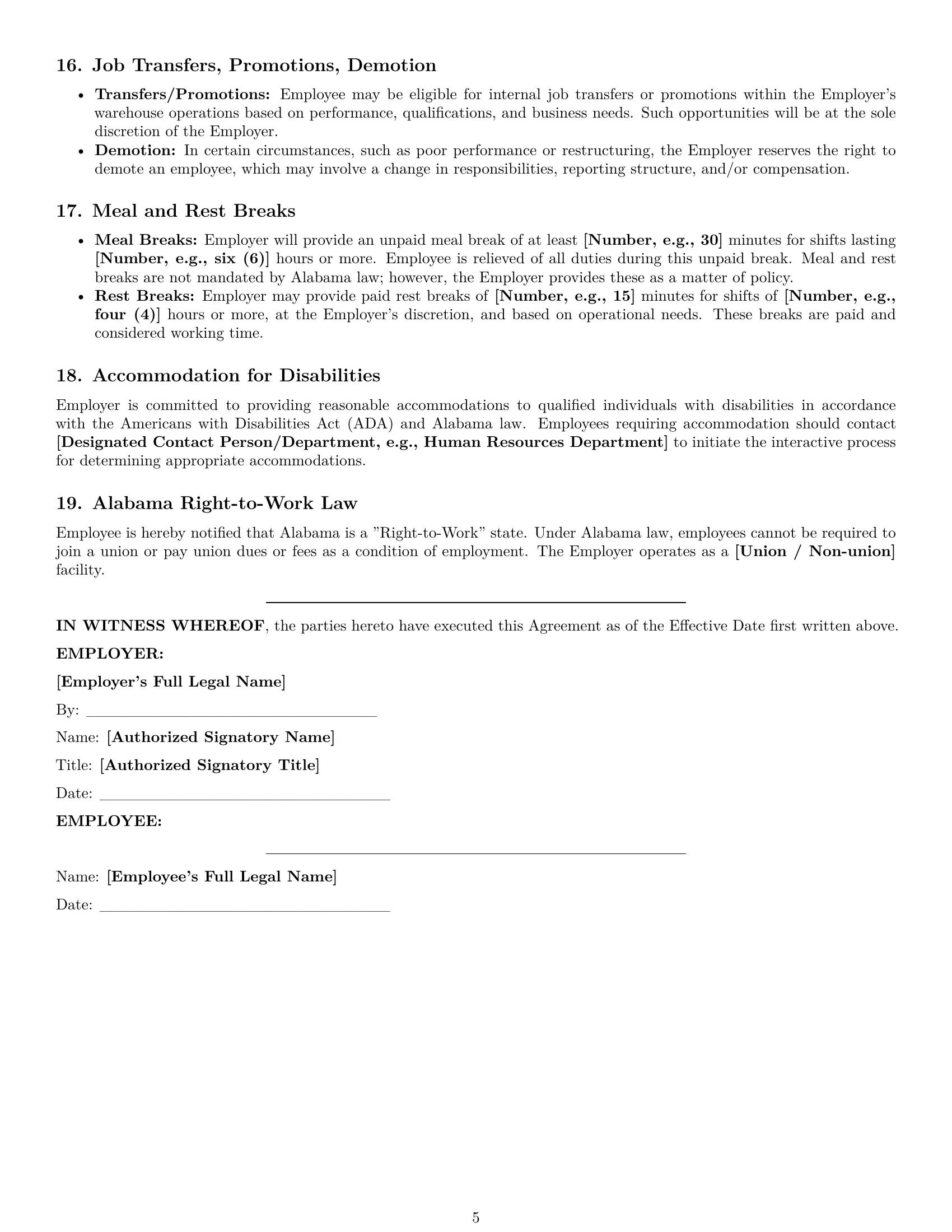 Preview page 5 of Pro Alabama warehouse worker employment contract template