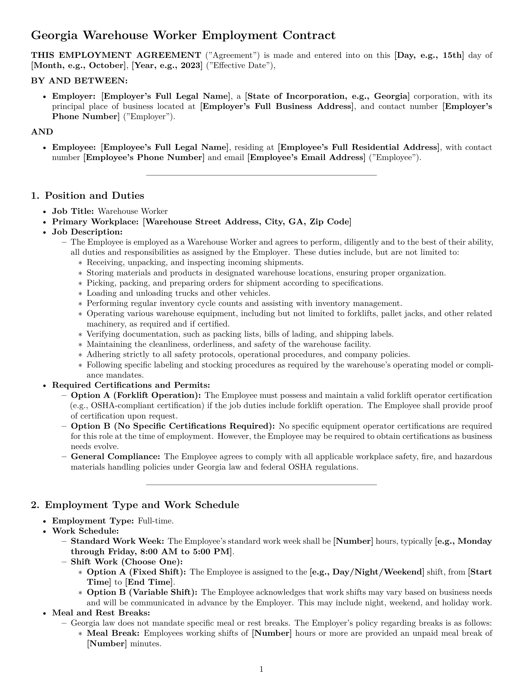 Preview page 1 of Pro Georgia warehouse worker employment contract template