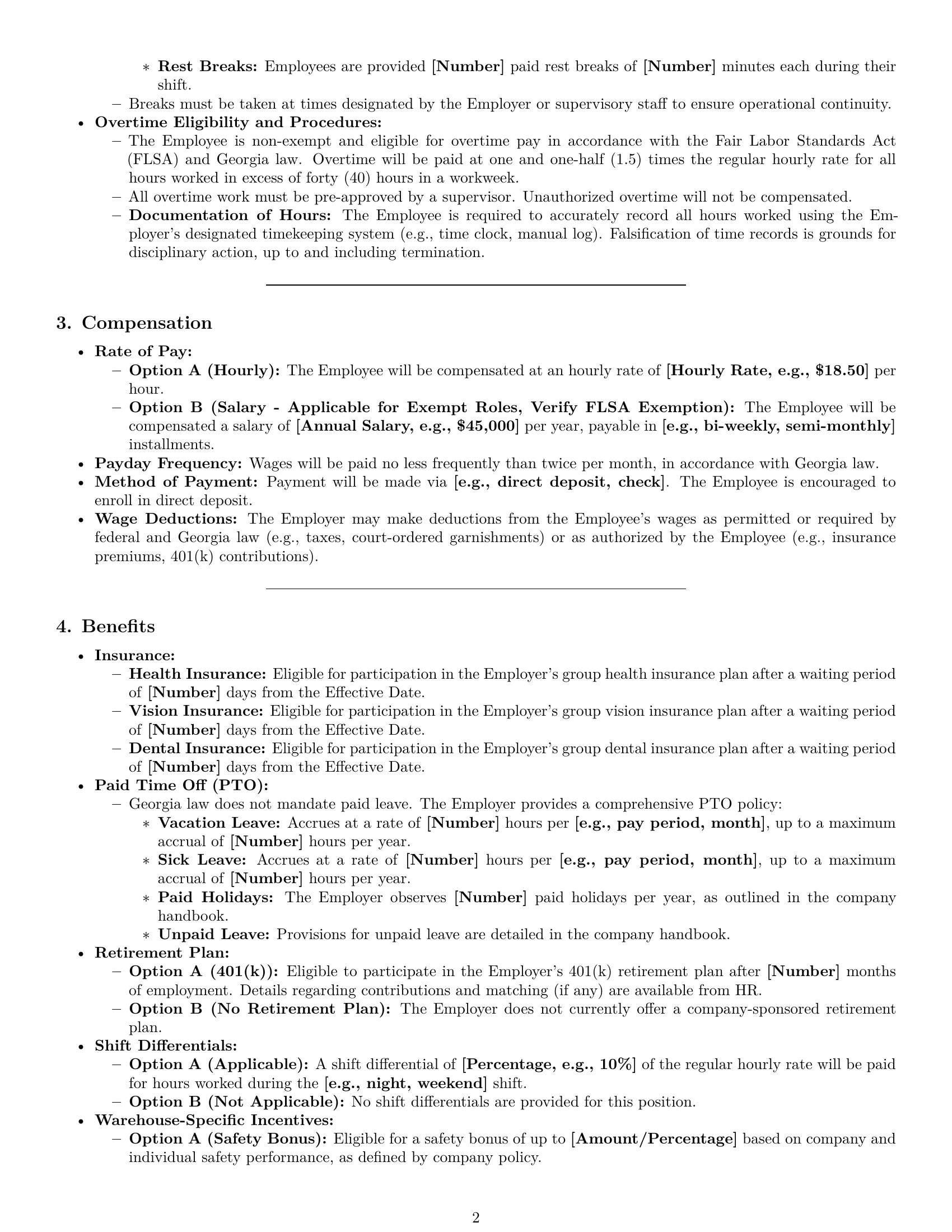 Preview page 2 of Pro Georgia warehouse worker employment contract template