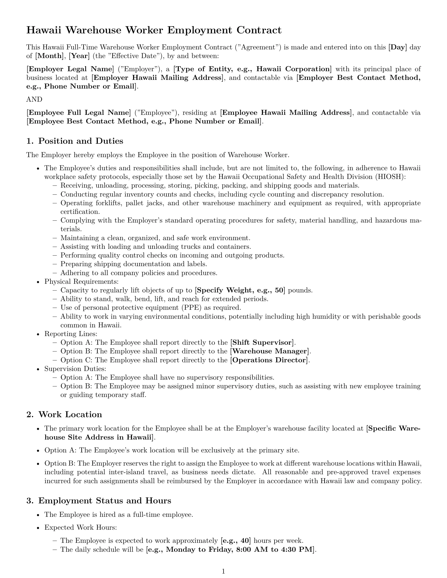 Preview page 1 of Pro Hawaii warehouse worker employment contract template