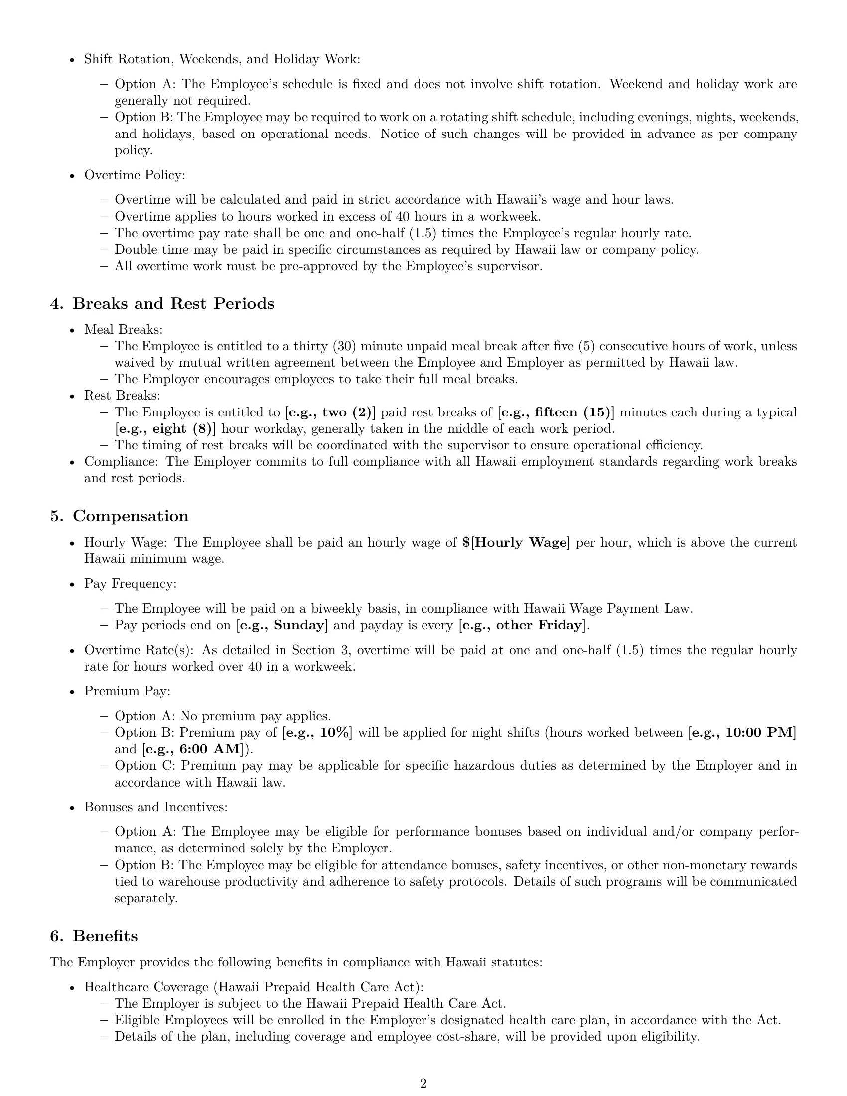 Preview page 2 of Pro Hawaii warehouse worker employment contract template