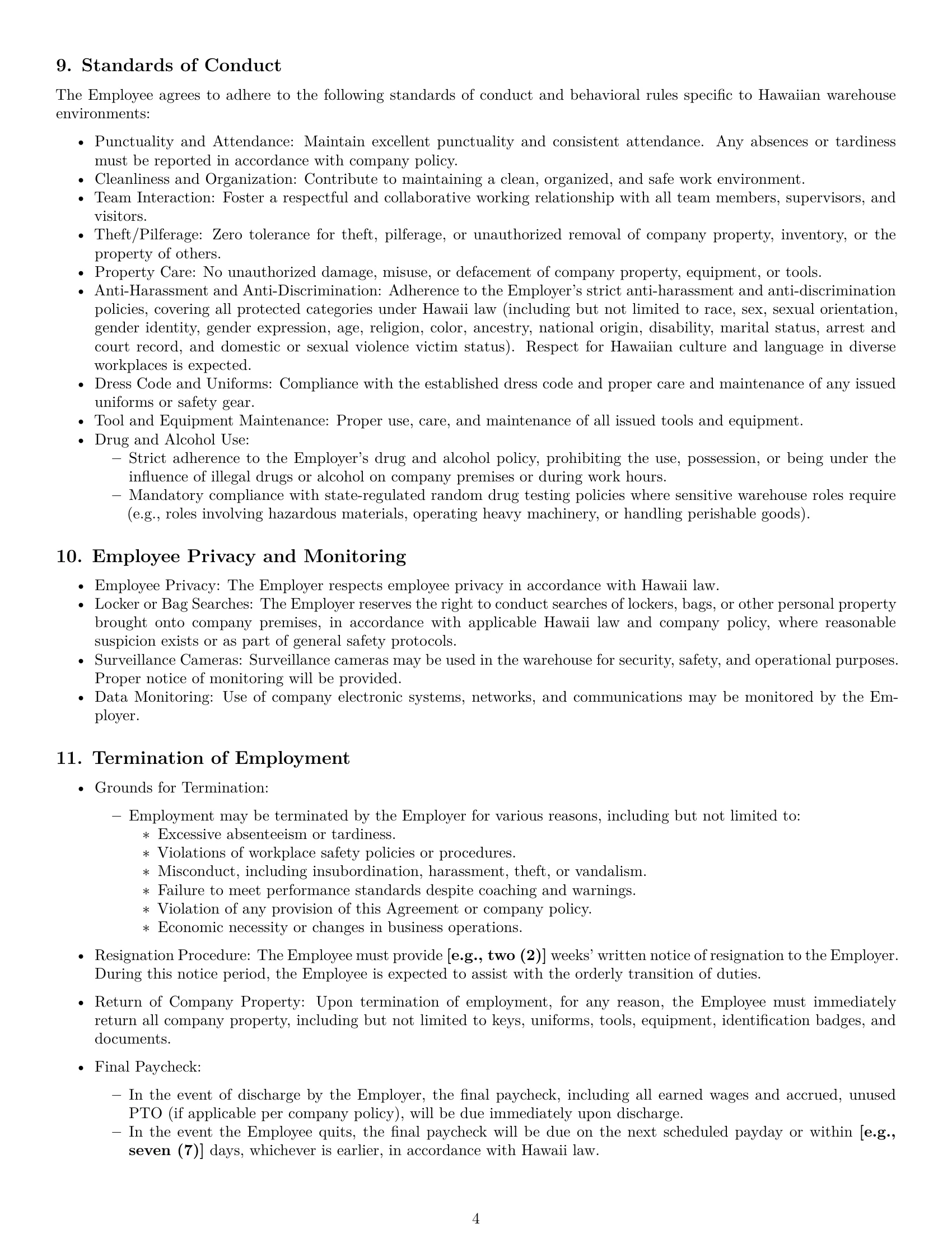 Preview page 4 of Pro Hawaii warehouse worker employment contract template