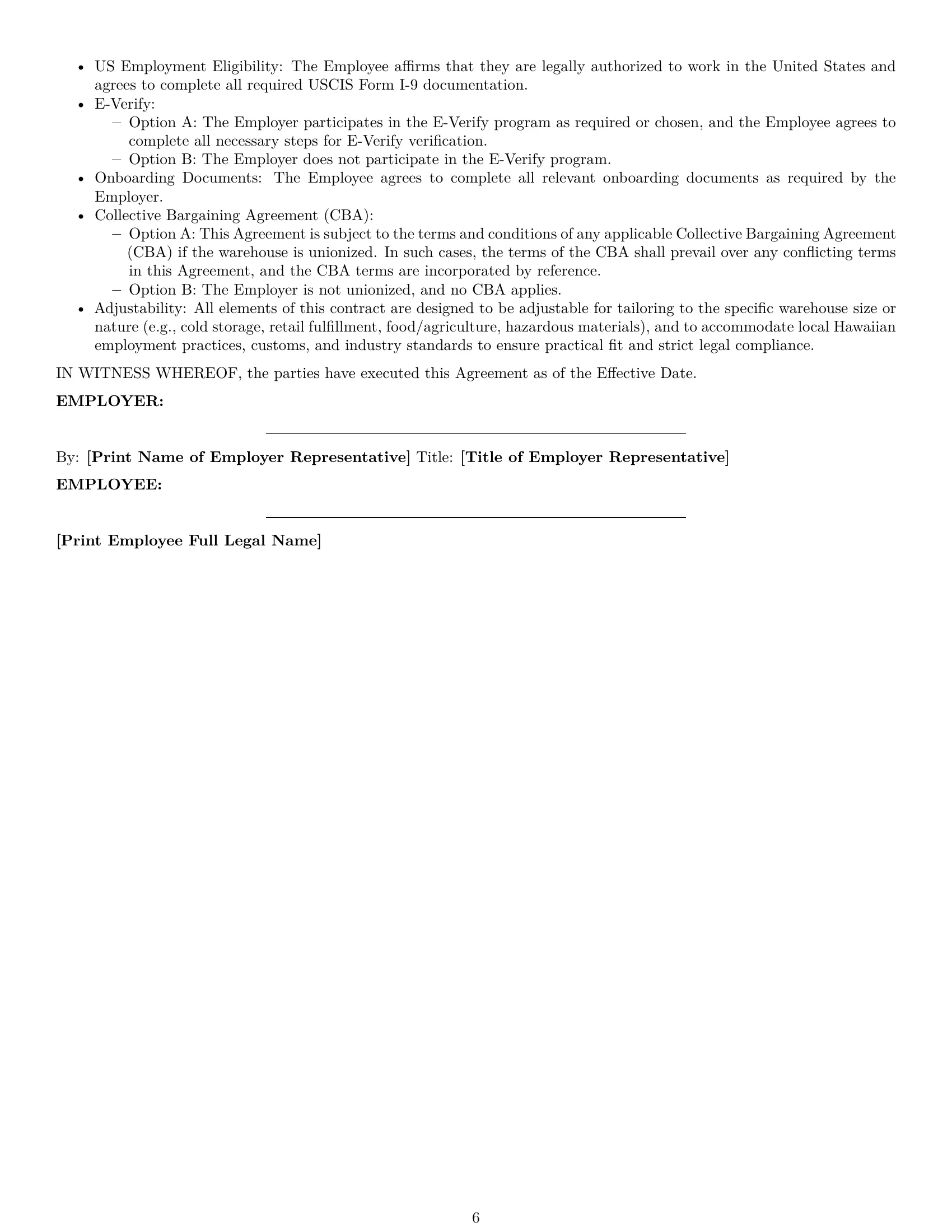 Preview page 6 of Pro Hawaii warehouse worker employment contract template