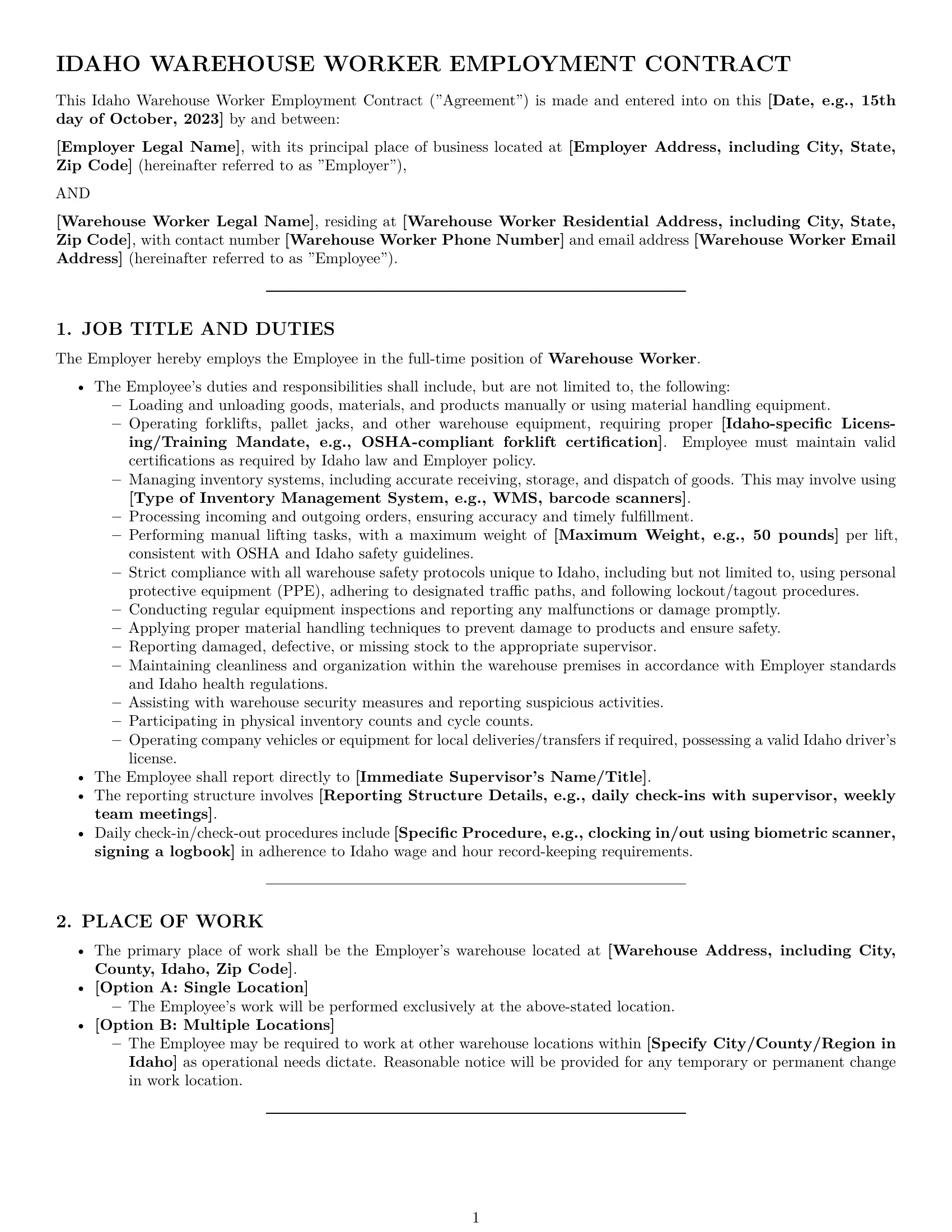 Preview page 1 of Pro Idaho warehouse worker employment contract template