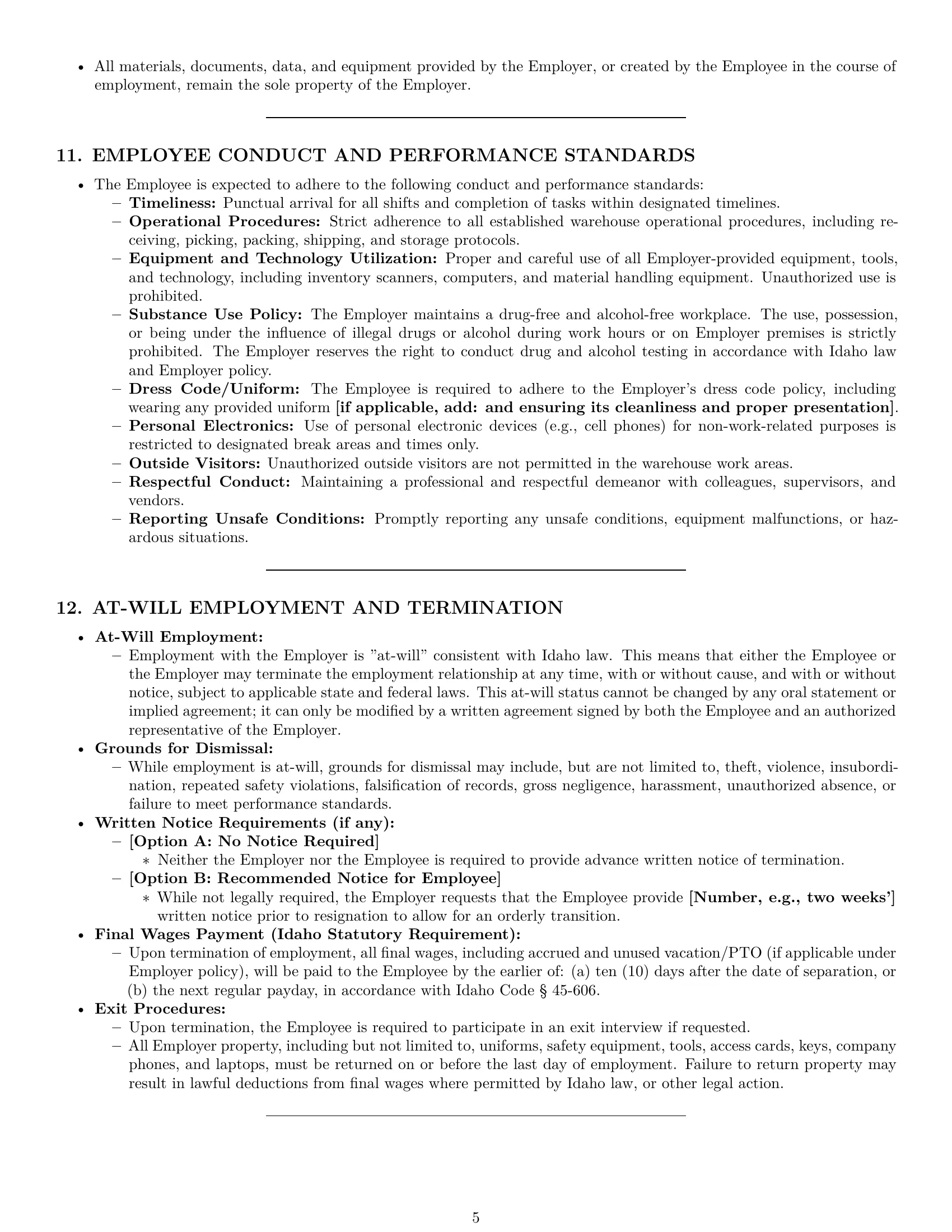 Preview page 5 of Pro Idaho warehouse worker employment contract template