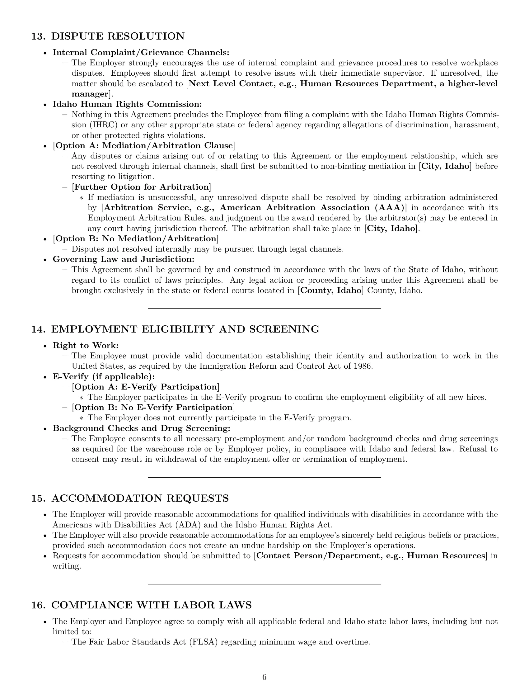 Preview page 6 of Pro Idaho warehouse worker employment contract template