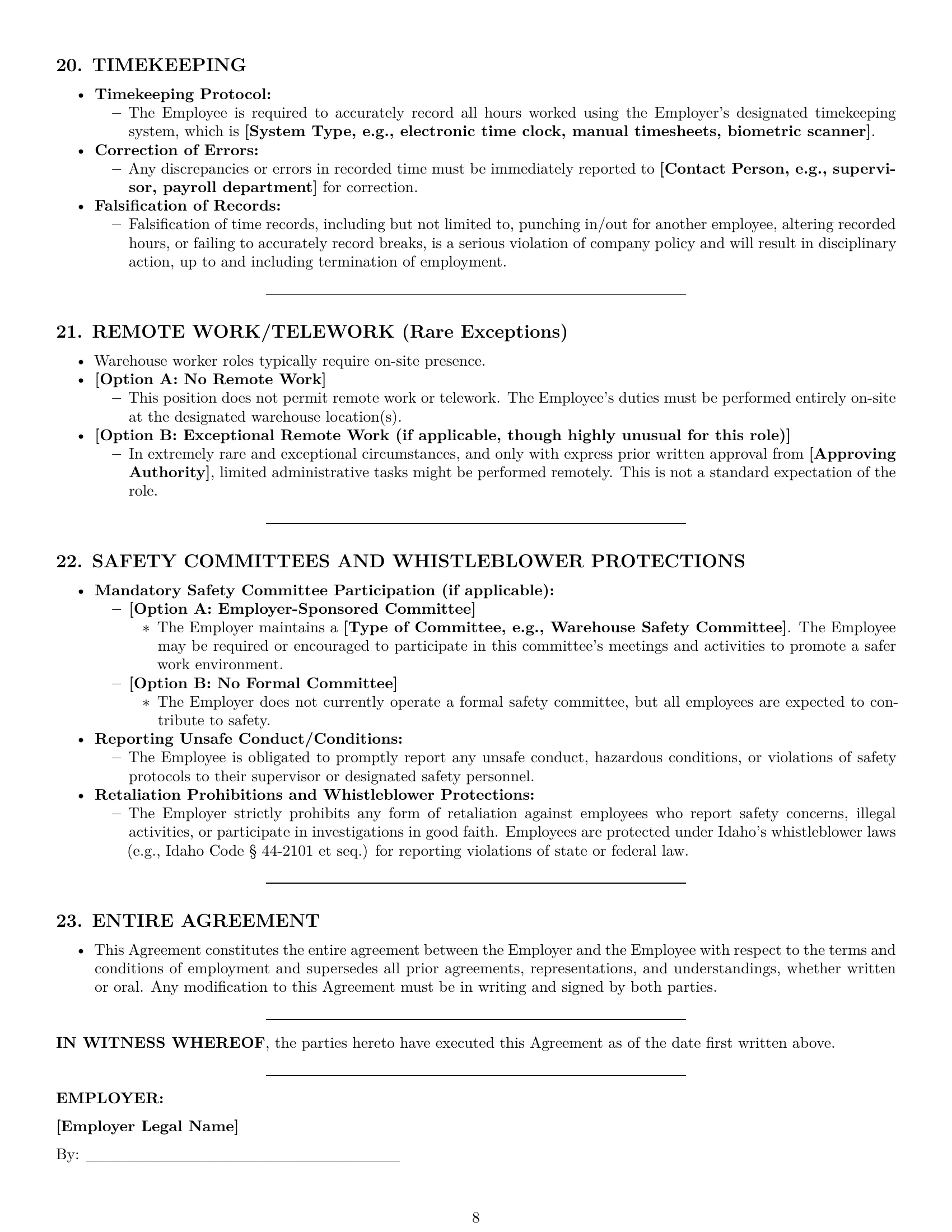 Preview page 8 of Pro Idaho warehouse worker employment contract template