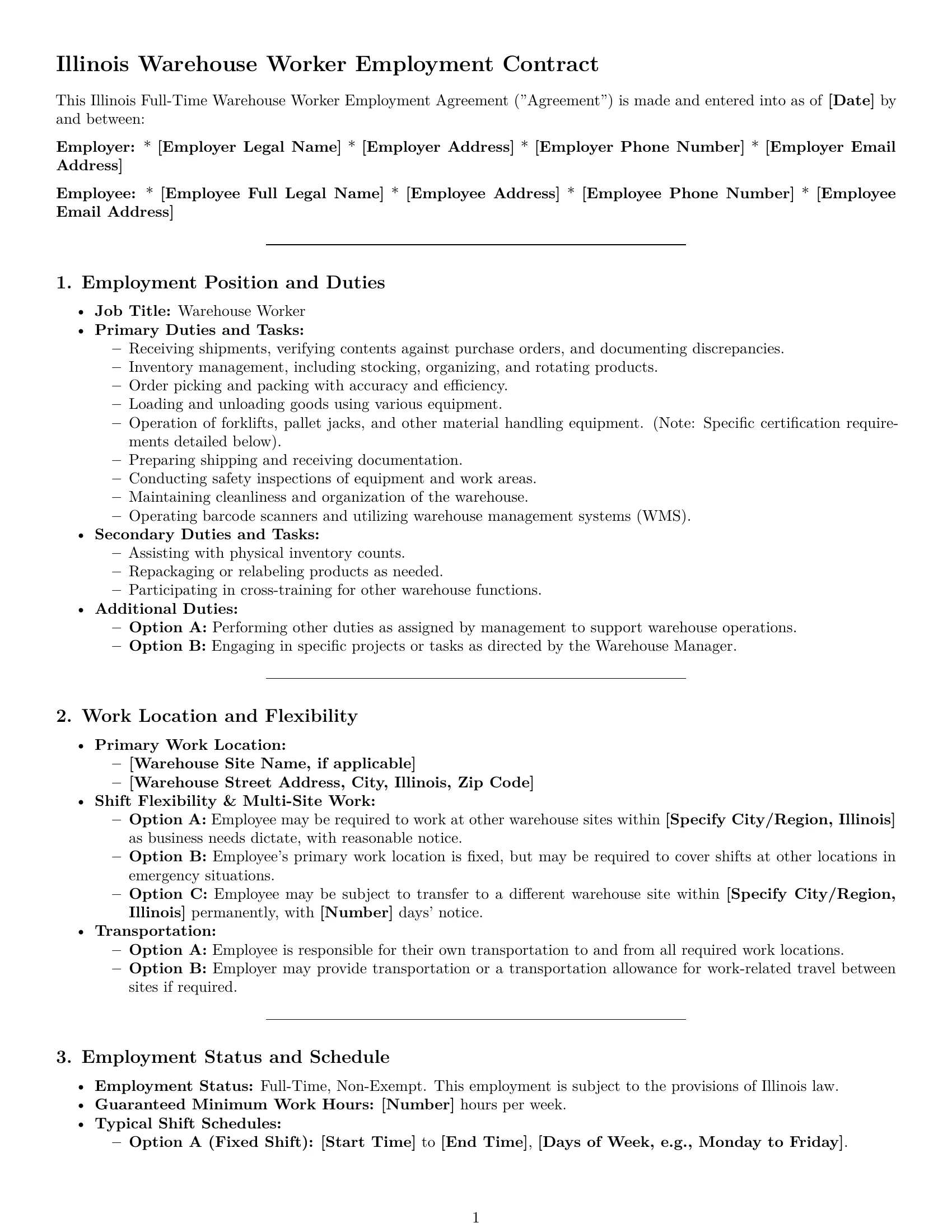 Preview page 1 of Pro Illinois warehouse worker employment contract template
