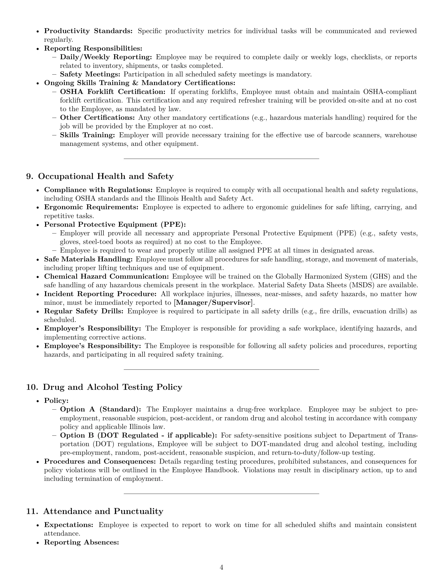 Preview page 4 of Pro Illinois warehouse worker employment contract template
