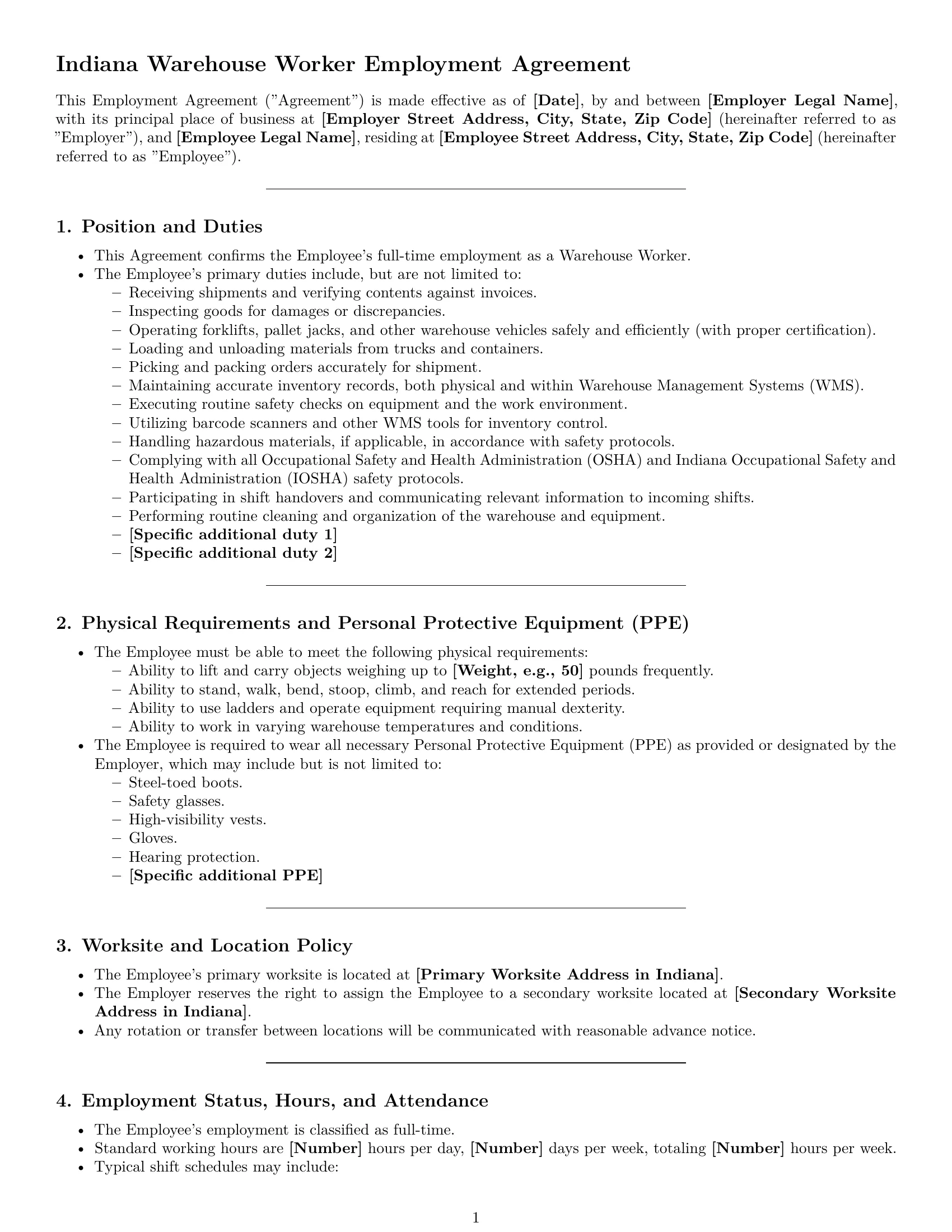 Preview page 1 of Pro Indiana warehouse worker employment contract template