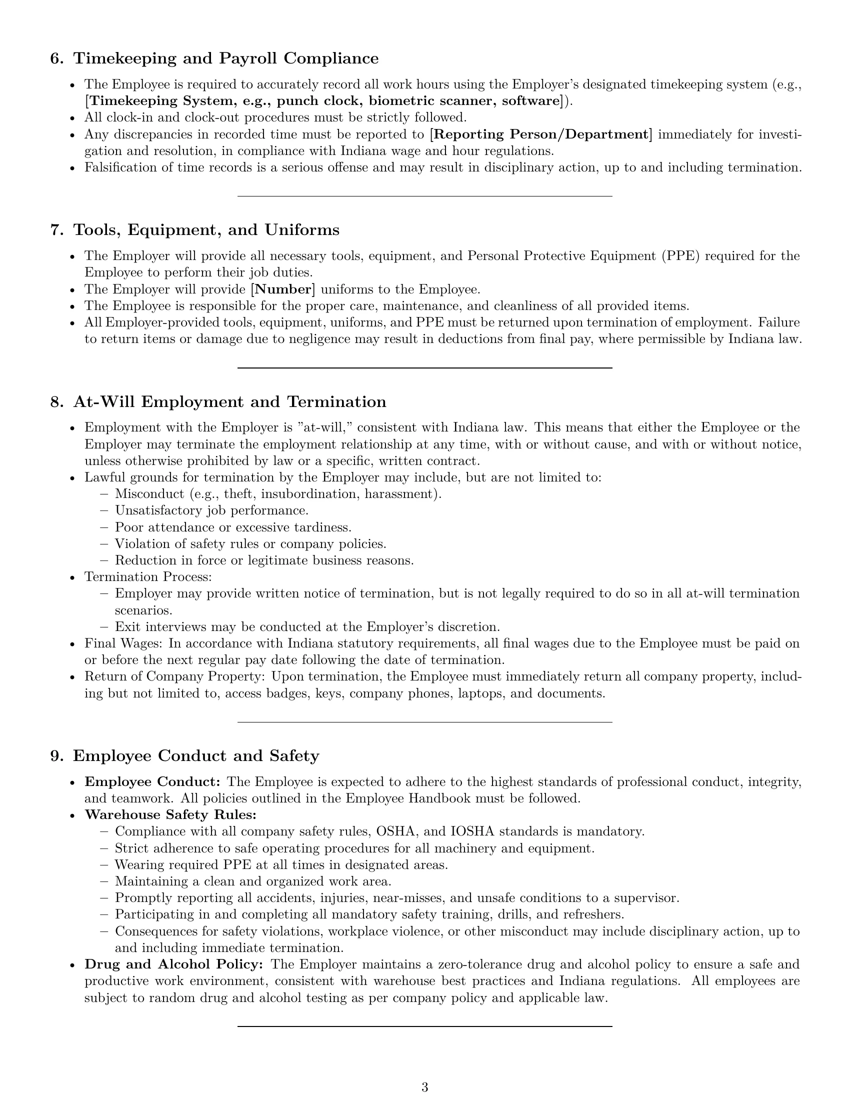 Preview page 3 of Pro Indiana warehouse worker employment contract template