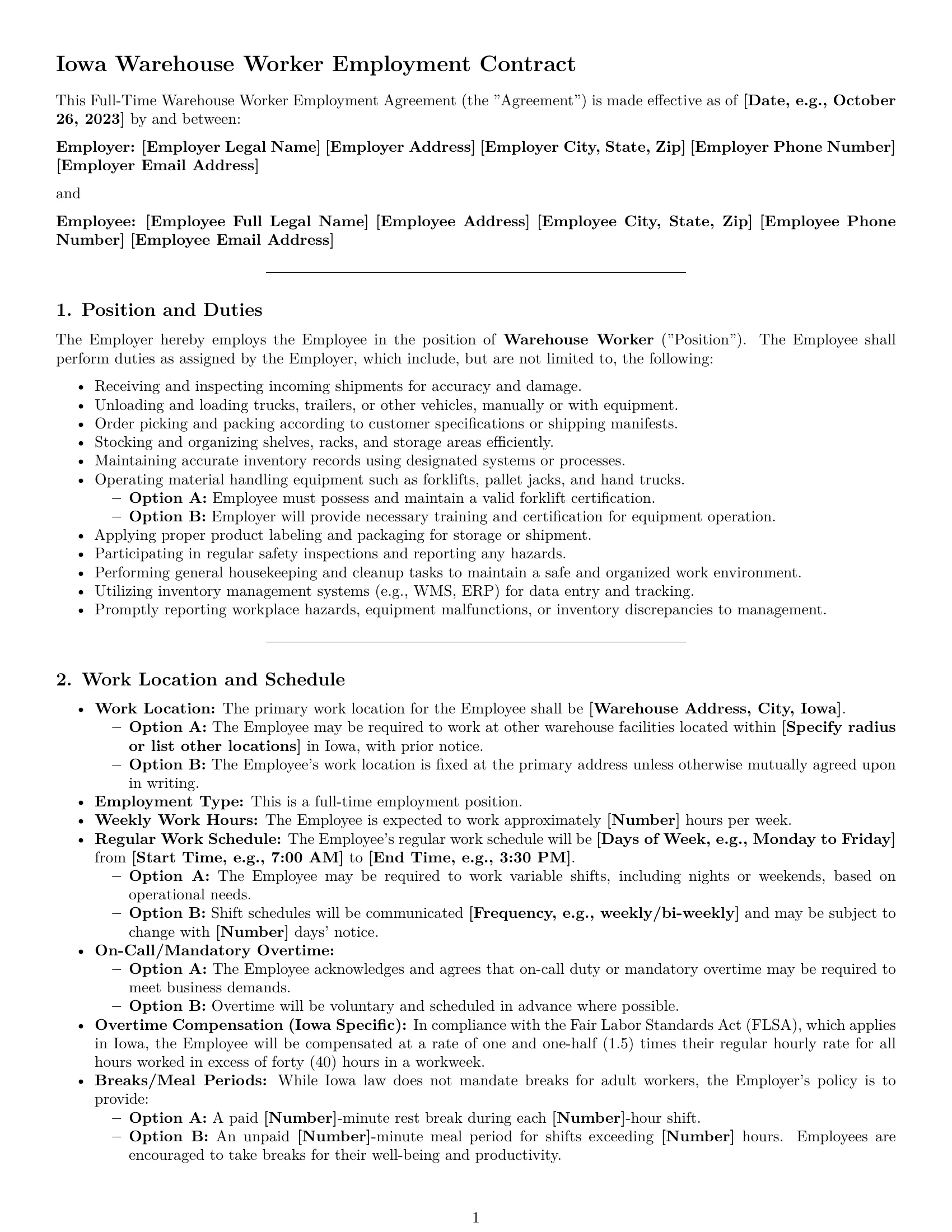 Preview page 1 of Pro Iowa warehouse worker employment contract template