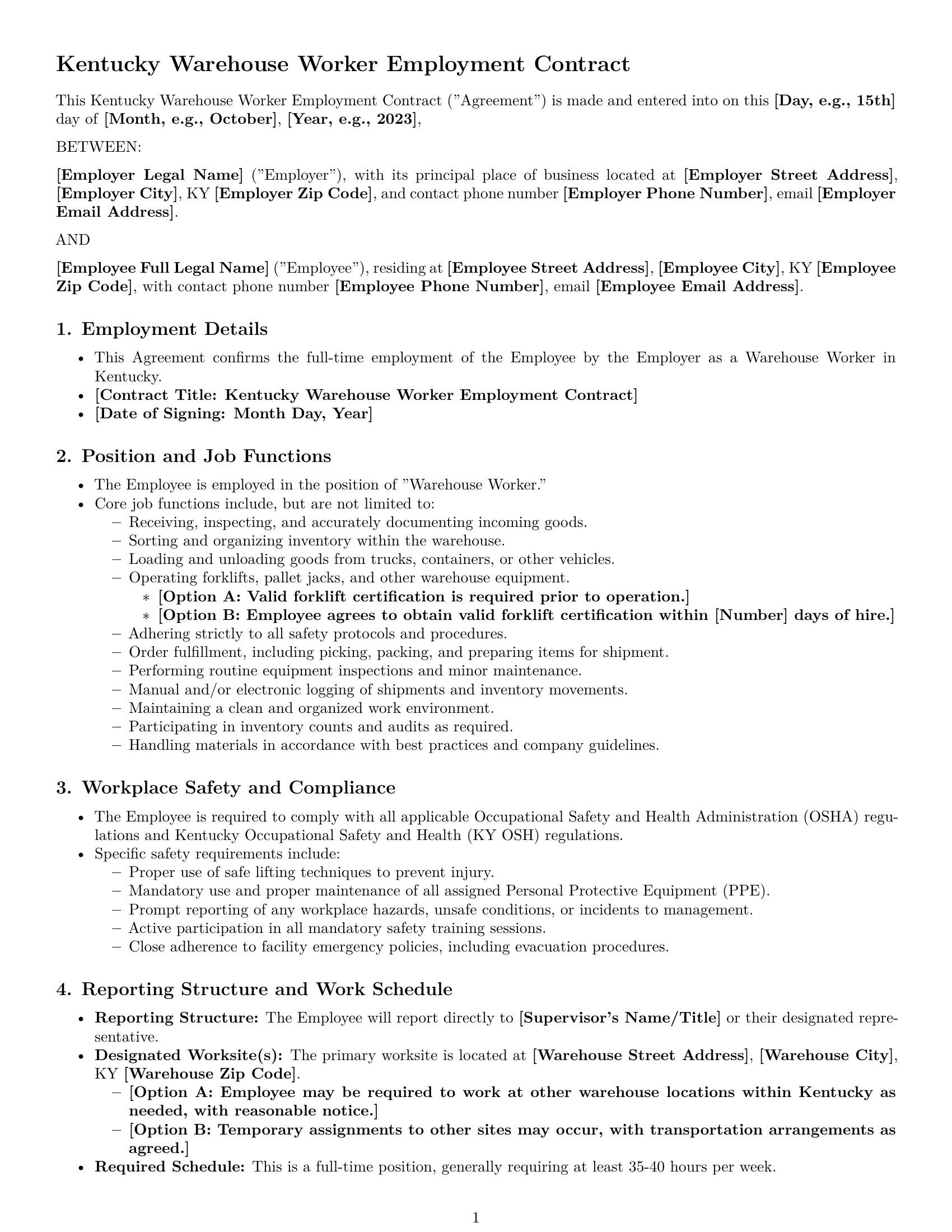 Preview page 1 of Pro Kentucky warehouse worker employment contract template