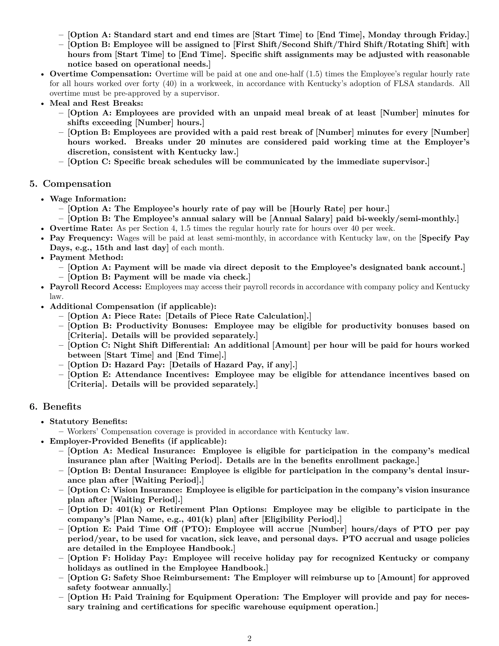 Preview page 2 of Pro Kentucky warehouse worker employment contract template