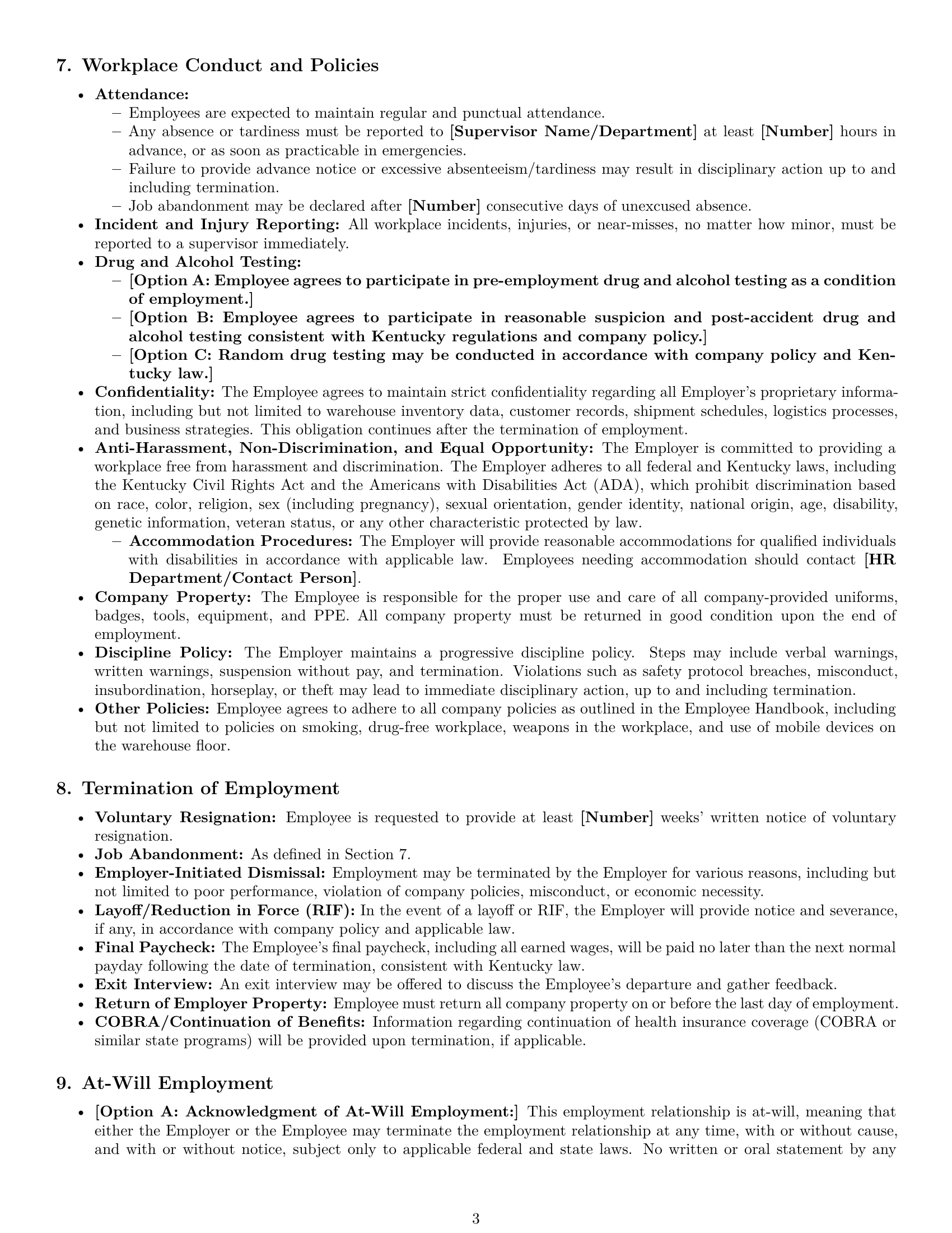 Preview page 3 of Pro Kentucky warehouse worker employment contract template