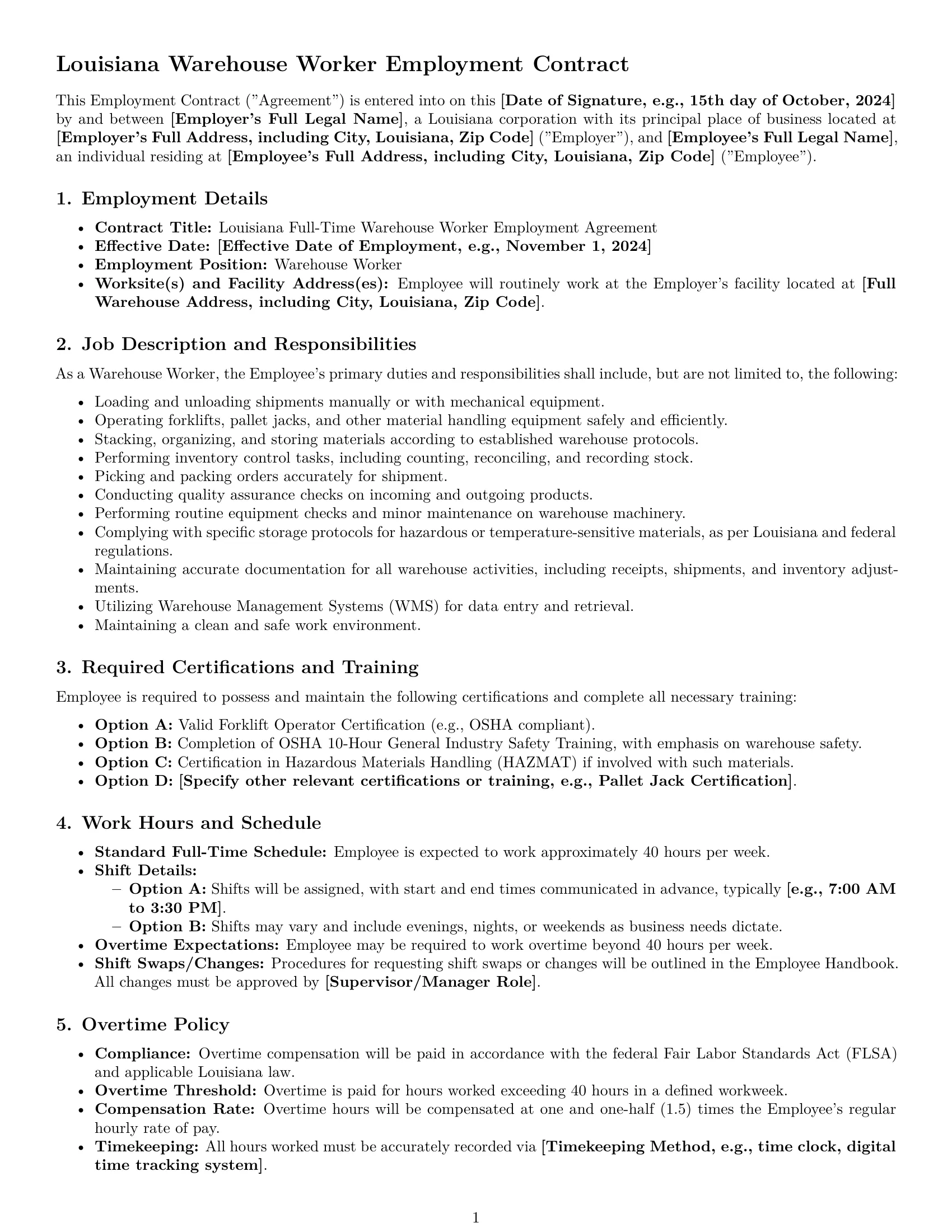 Preview page 1 of Pro Louisiana warehouse worker employment contract template