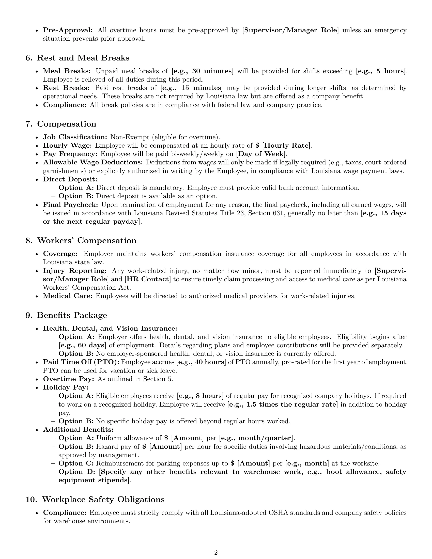 Preview page 2 of Pro Louisiana warehouse worker employment contract template