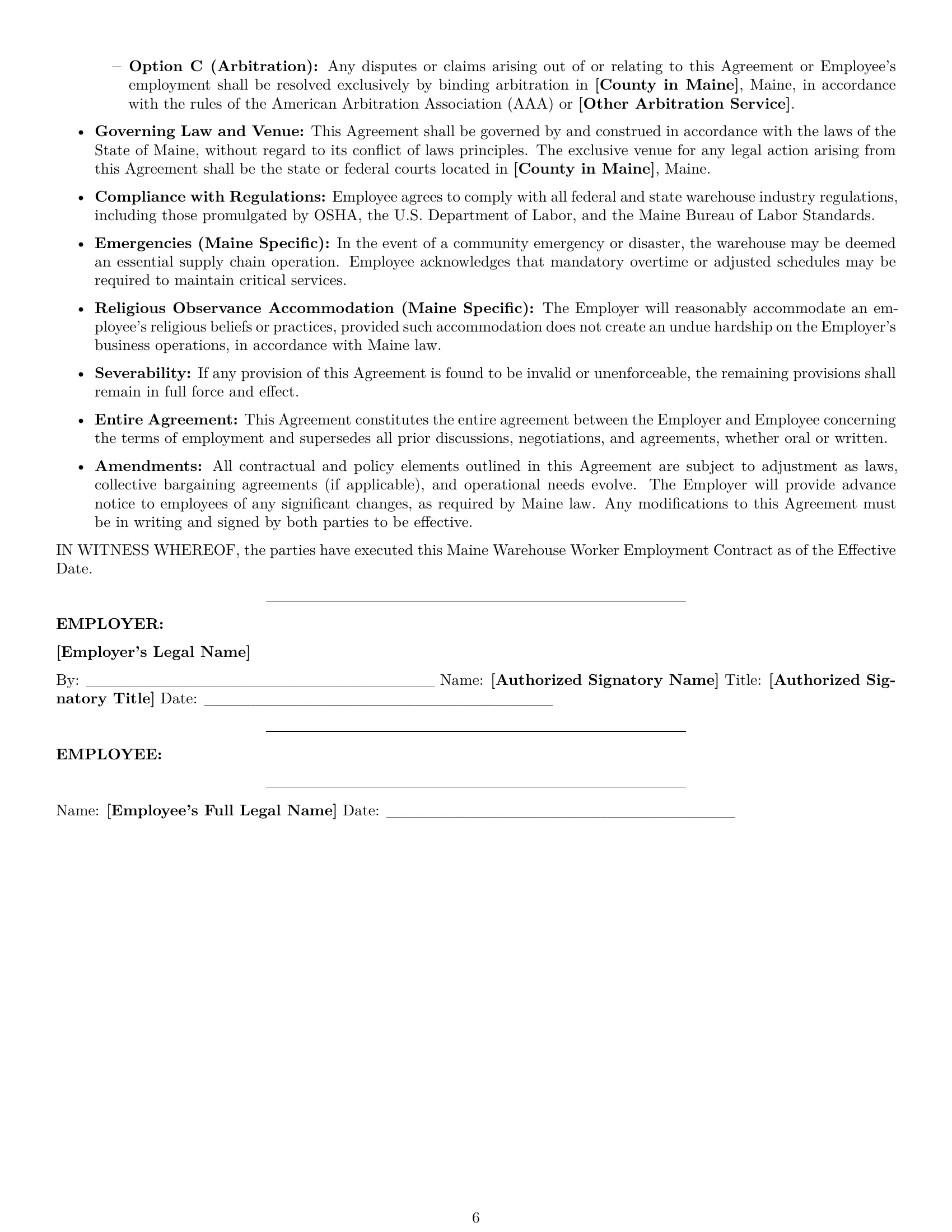 Preview page 6 of Pro Maine warehouse worker employment contract template