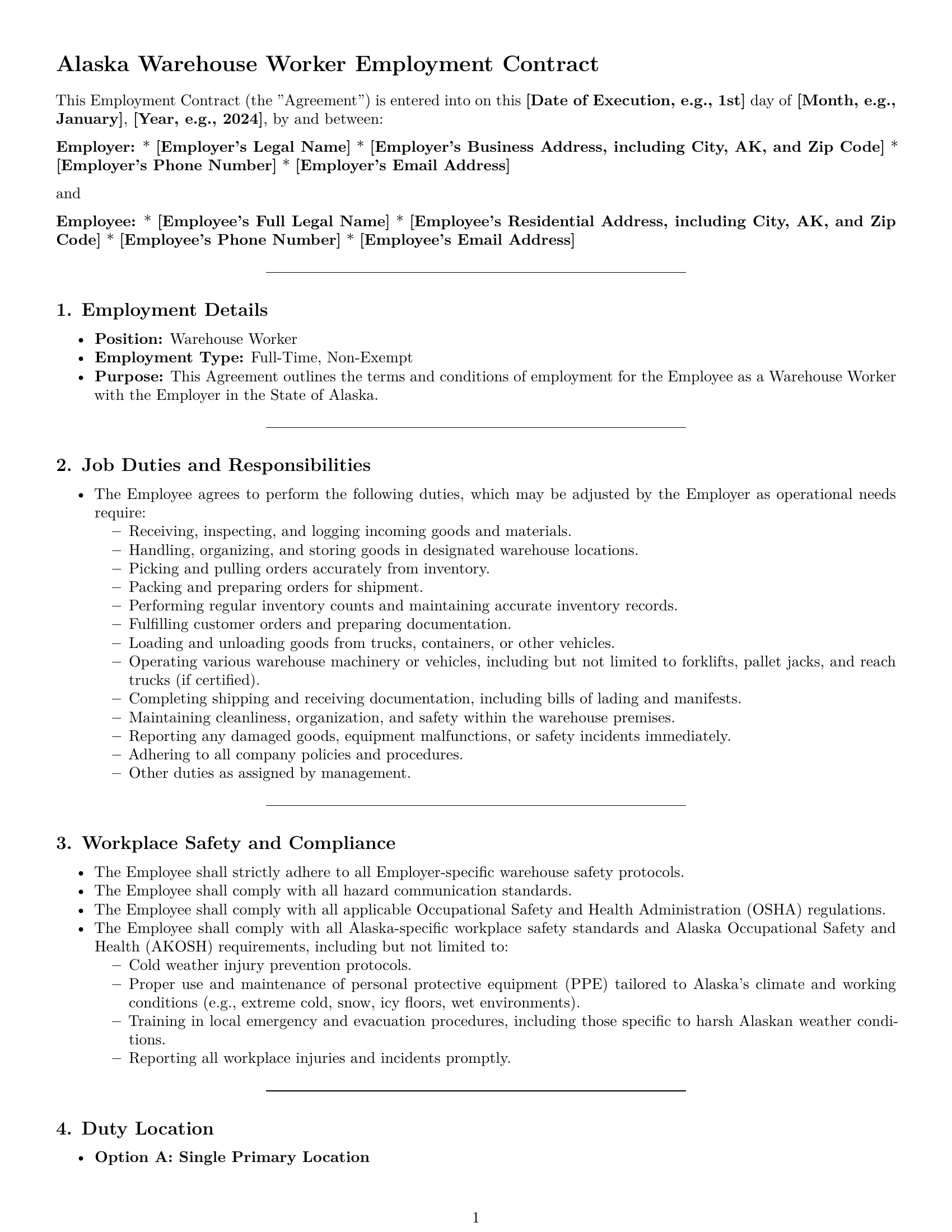 Preview page 1 of Pro Alaska warehouse worker employment contract template