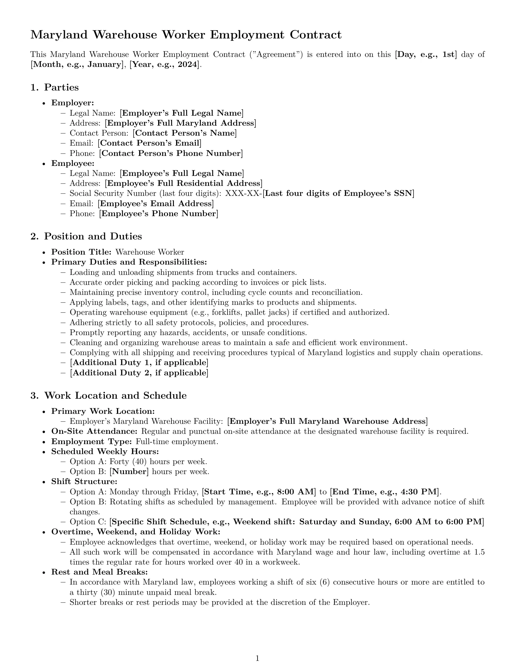 Preview page 1 of Pro Maryland warehouse worker employment contract template